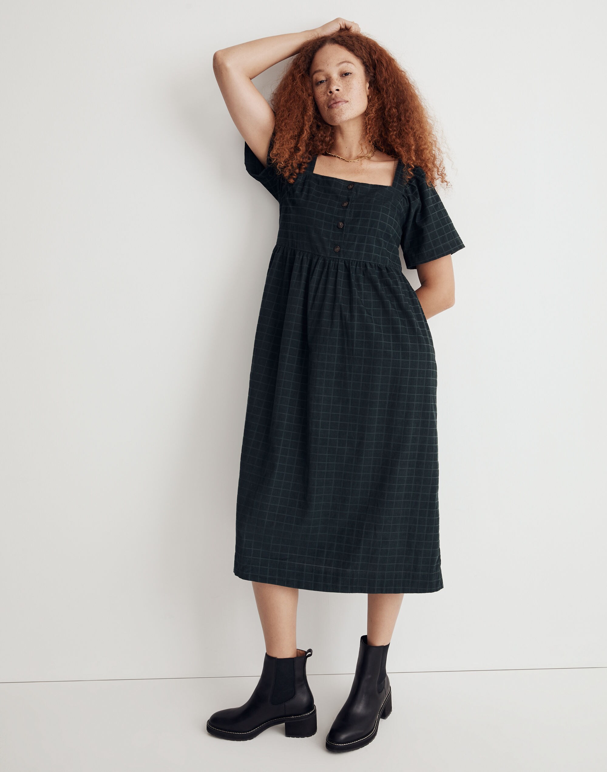 Petite Corduroy Square-Neck Midi Dress in Windowpane