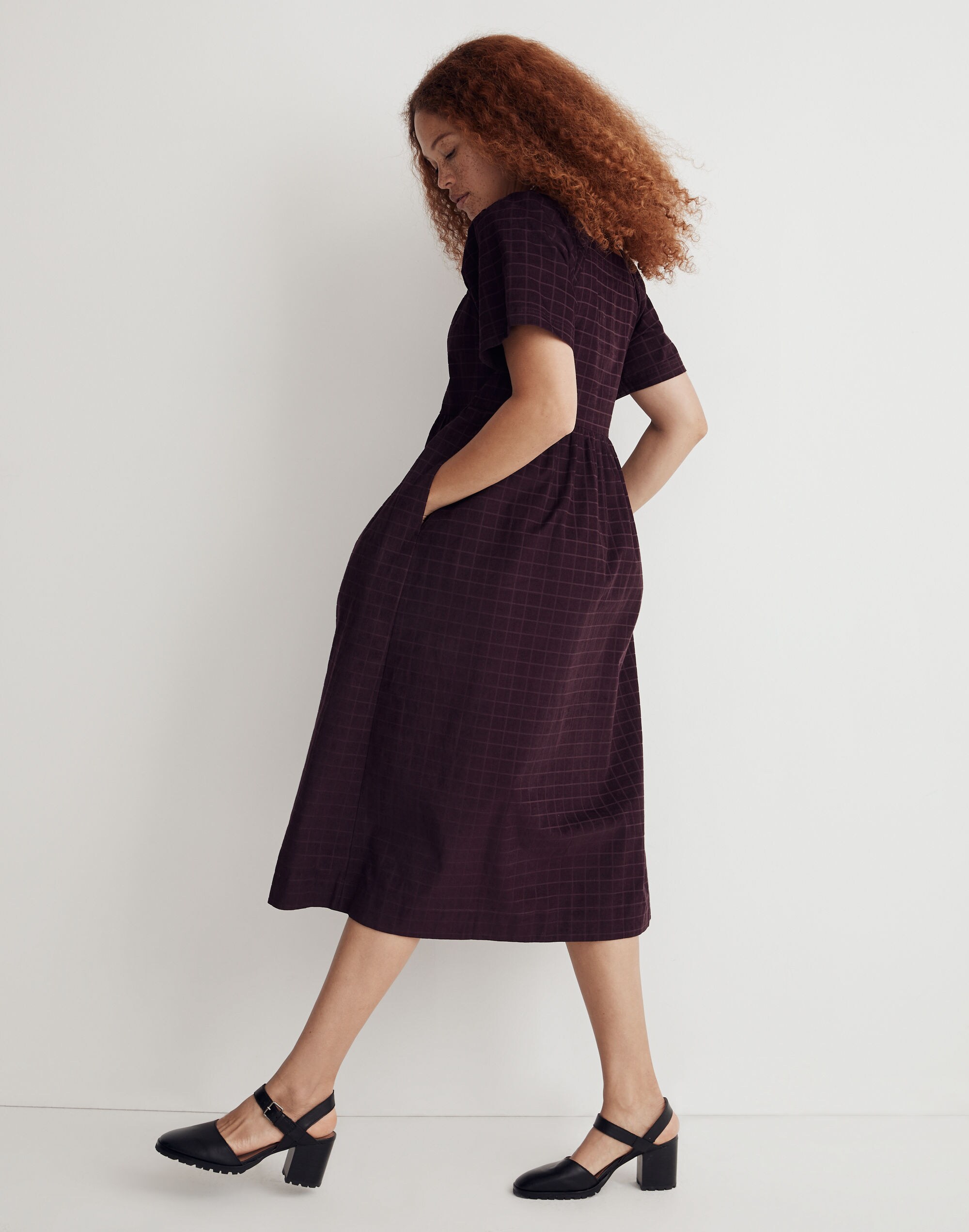 Corduroy Square-Neck Midi Dress in Windowpane