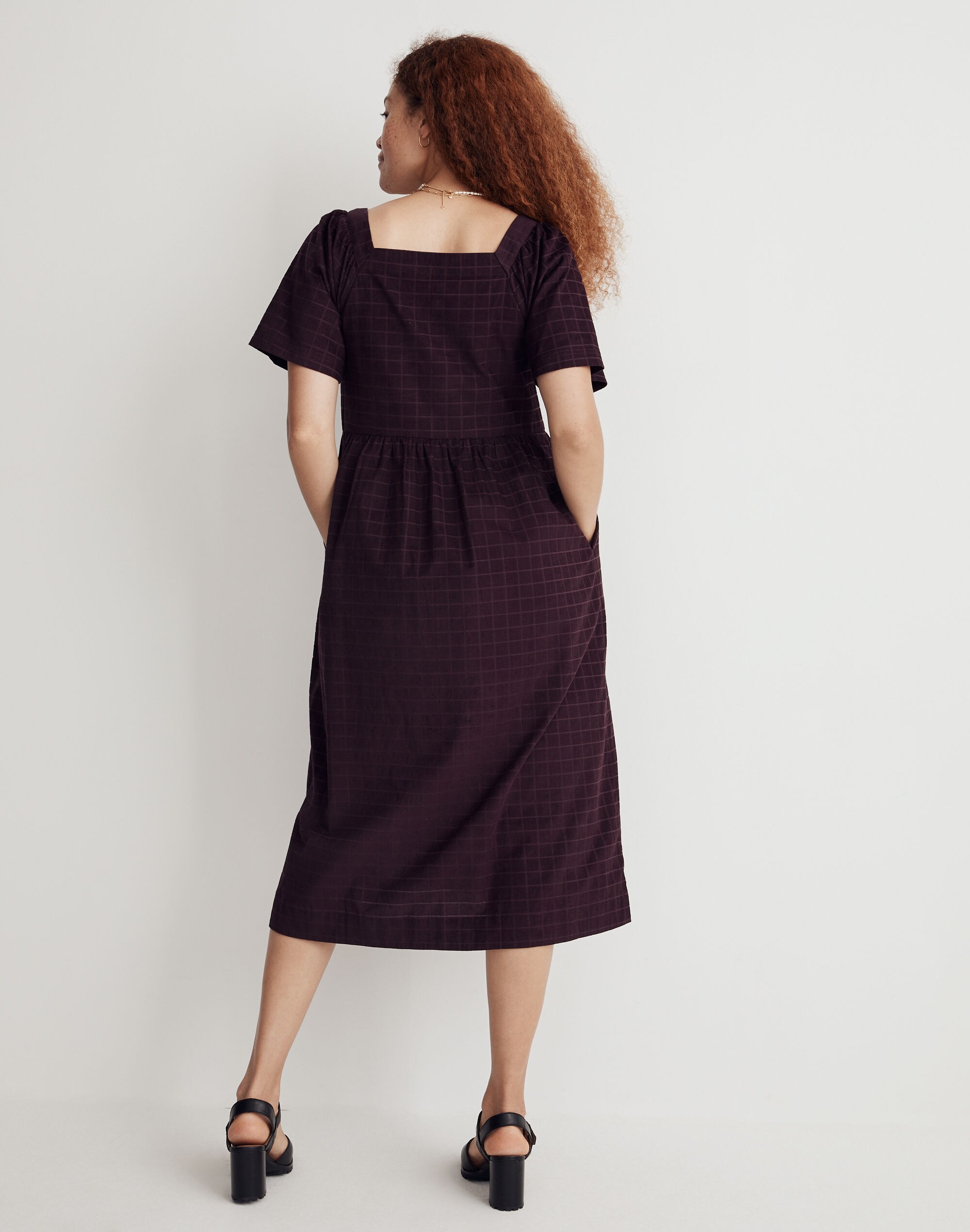 Corduroy Square-Neck Midi Dress in Windowpane
