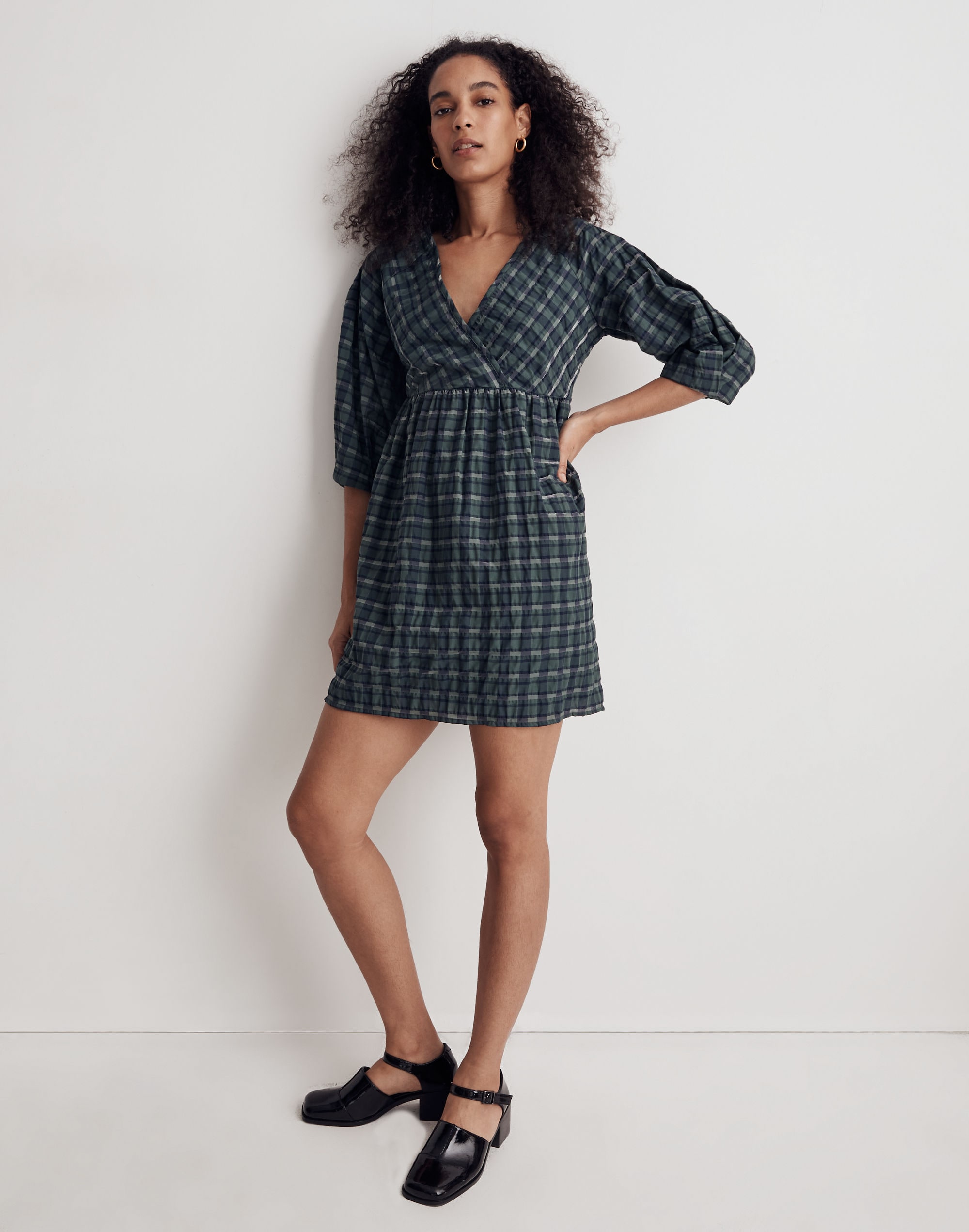 marianna puff-sleeve mini dress in plaid