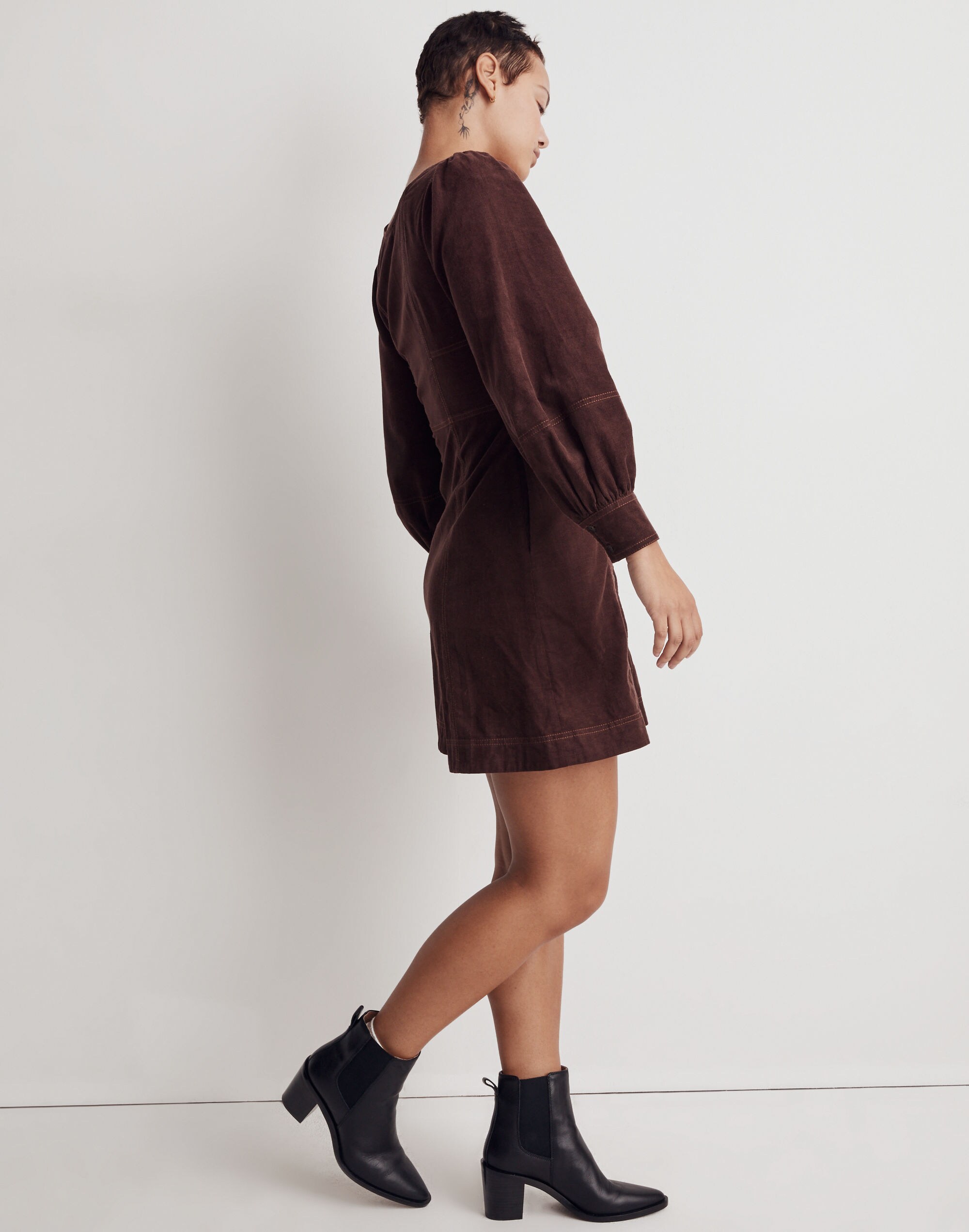 Petite Corduroy Seamed Long-Sleeve Mini Dress