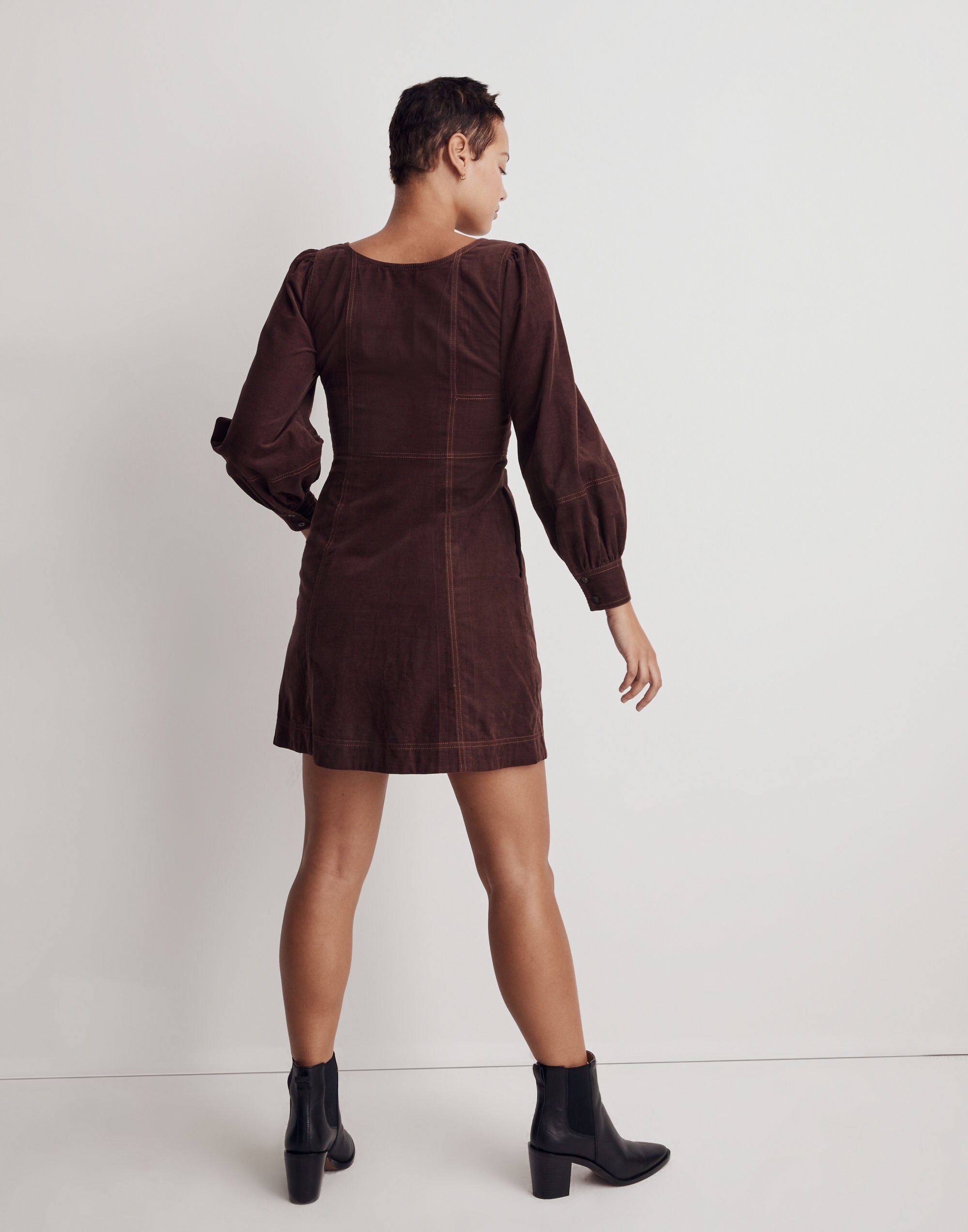 Petite Corduroy Seamed Long-Sleeve Mini Dress