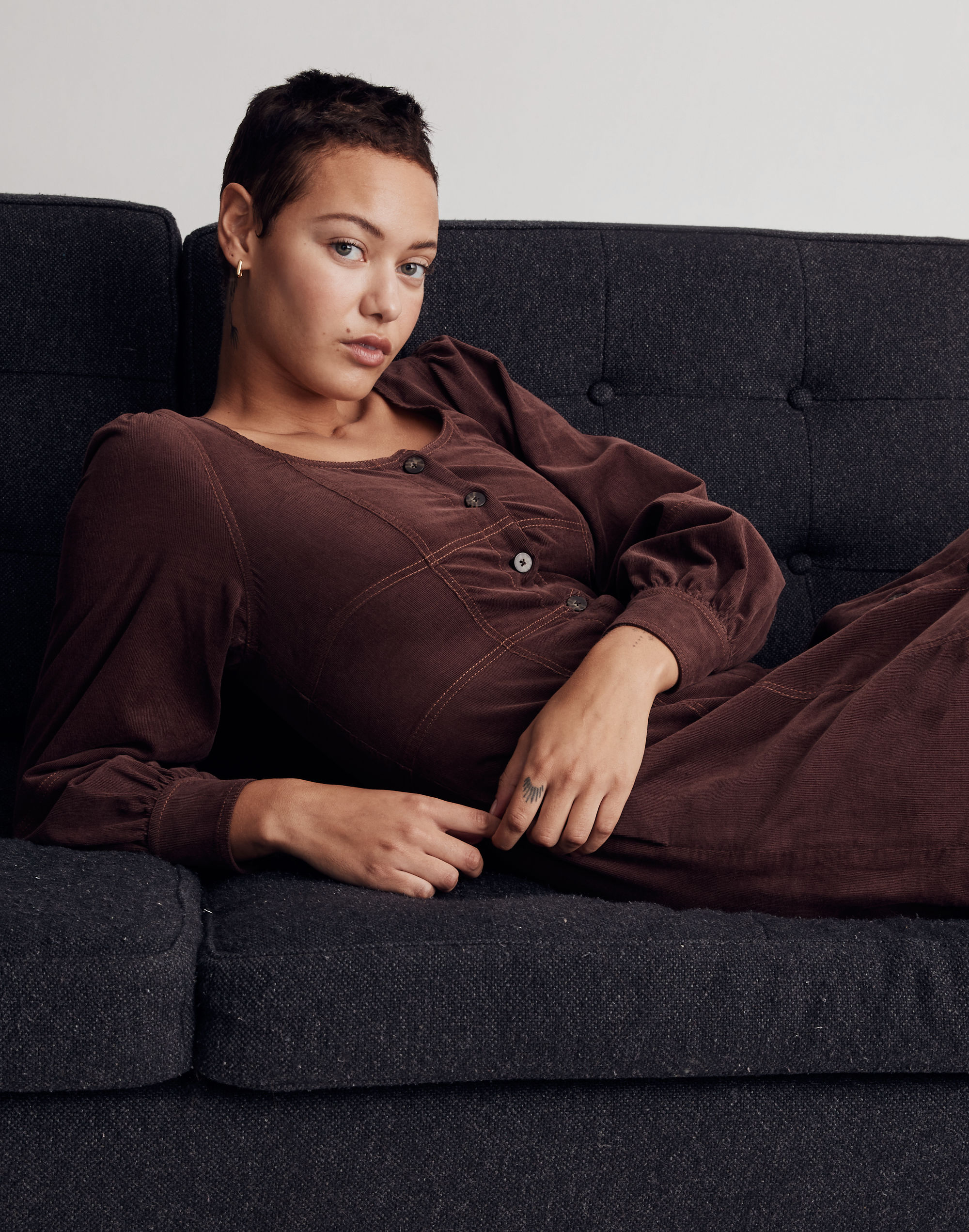 Petite Corduroy Seamed Long-Sleeve Mini Dress