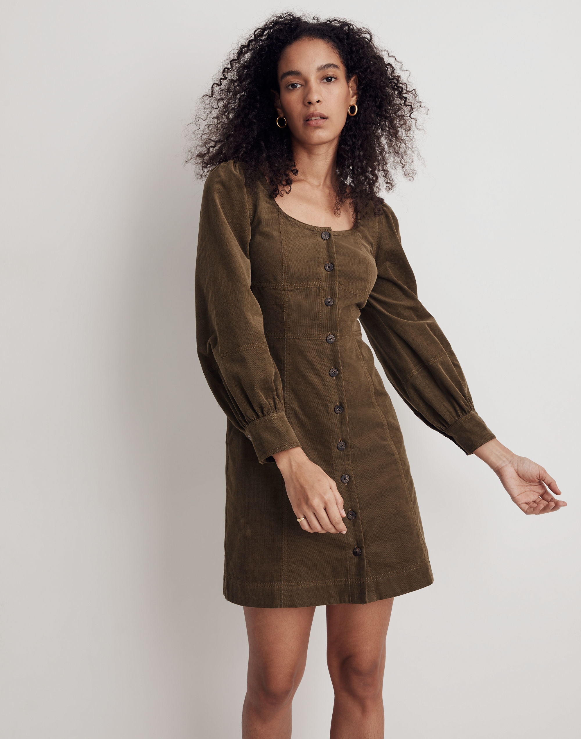 Petite Corduroy Seamed Long-Sleeve Mini Dress