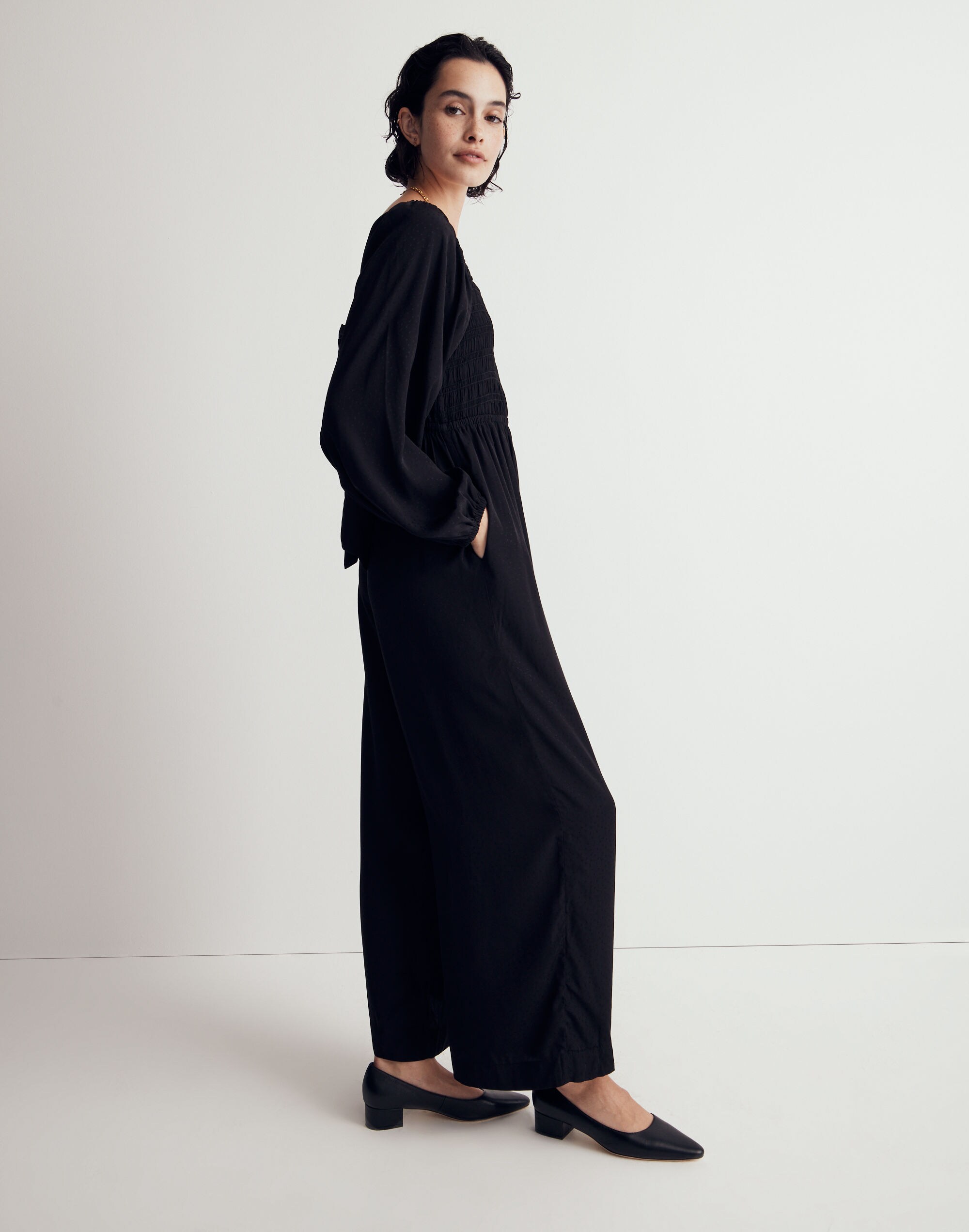 Lucie Tie-Back Long-Sleeve Jumpsuit in Star Jacquard