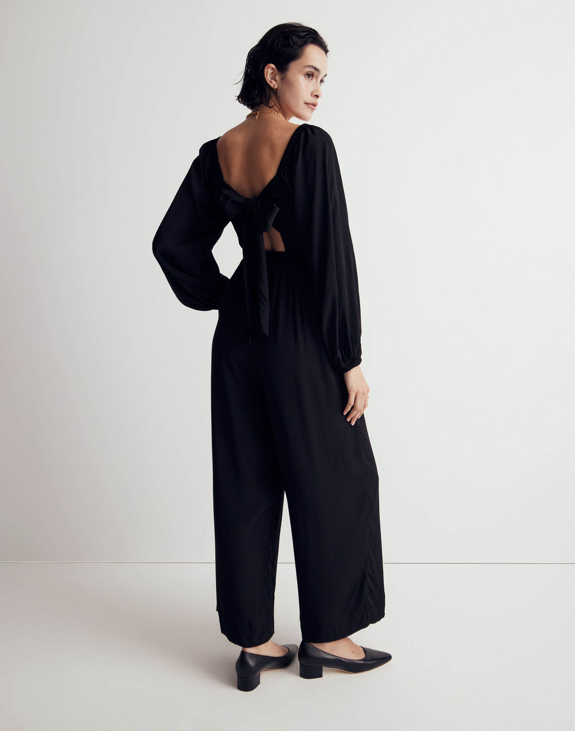 Lucie Tie-Back Long-Sleeve Jumpsuit in Star Jacquard