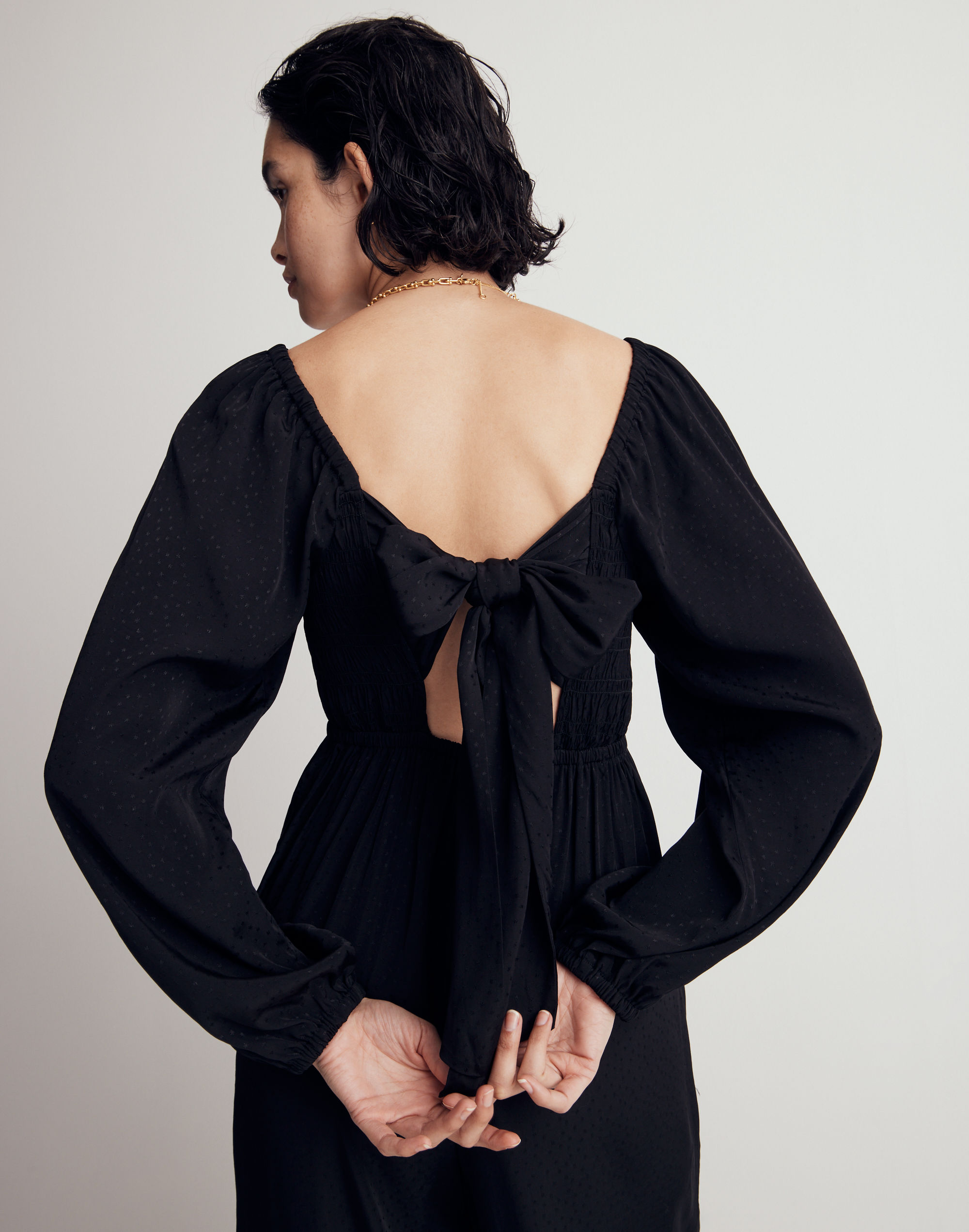 Lucie Tie-Back Long-Sleeve Jumpsuit in Star Jacquard