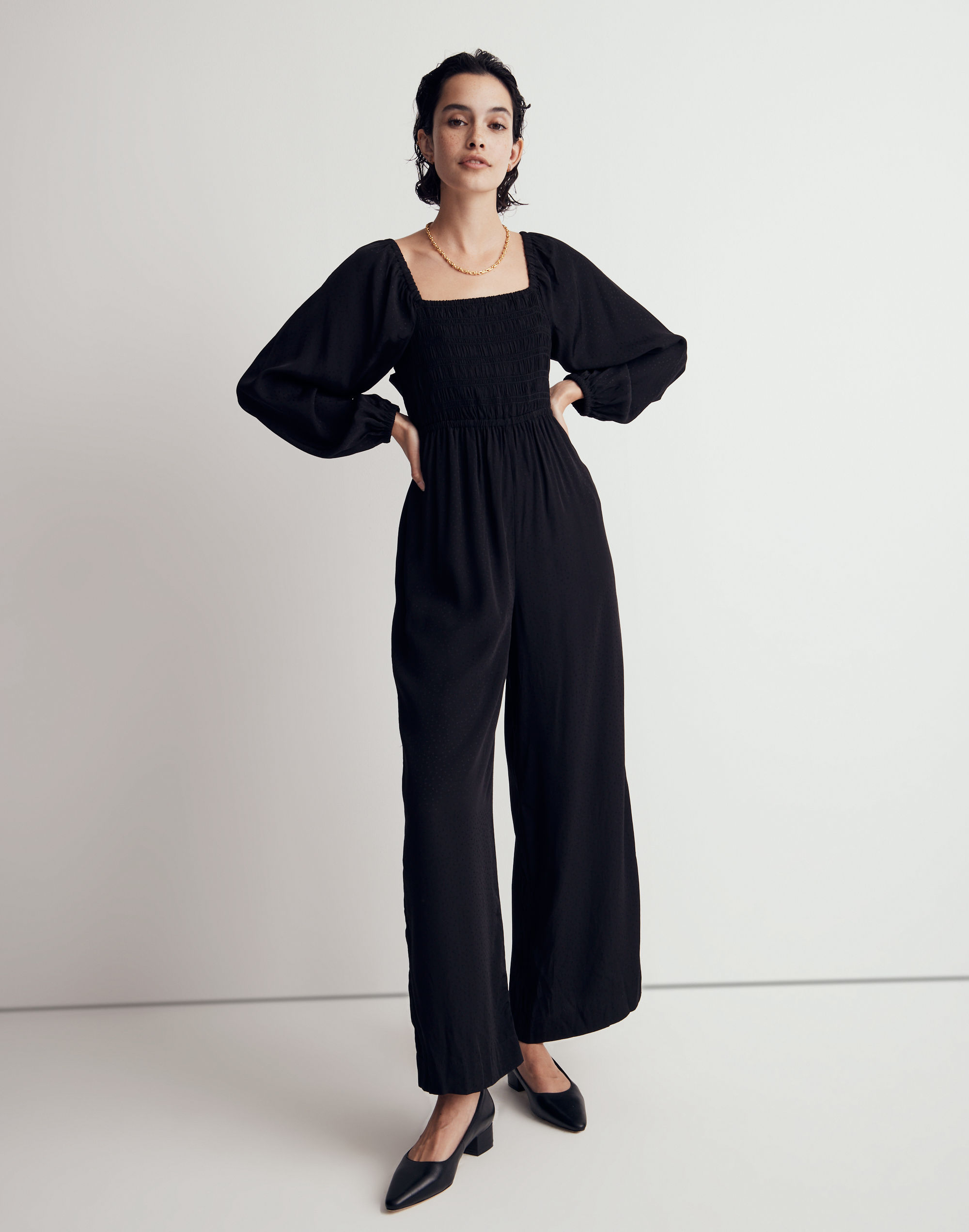 Lucie Tie-Back Long-Sleeve Jumpsuit in Star Jacquard