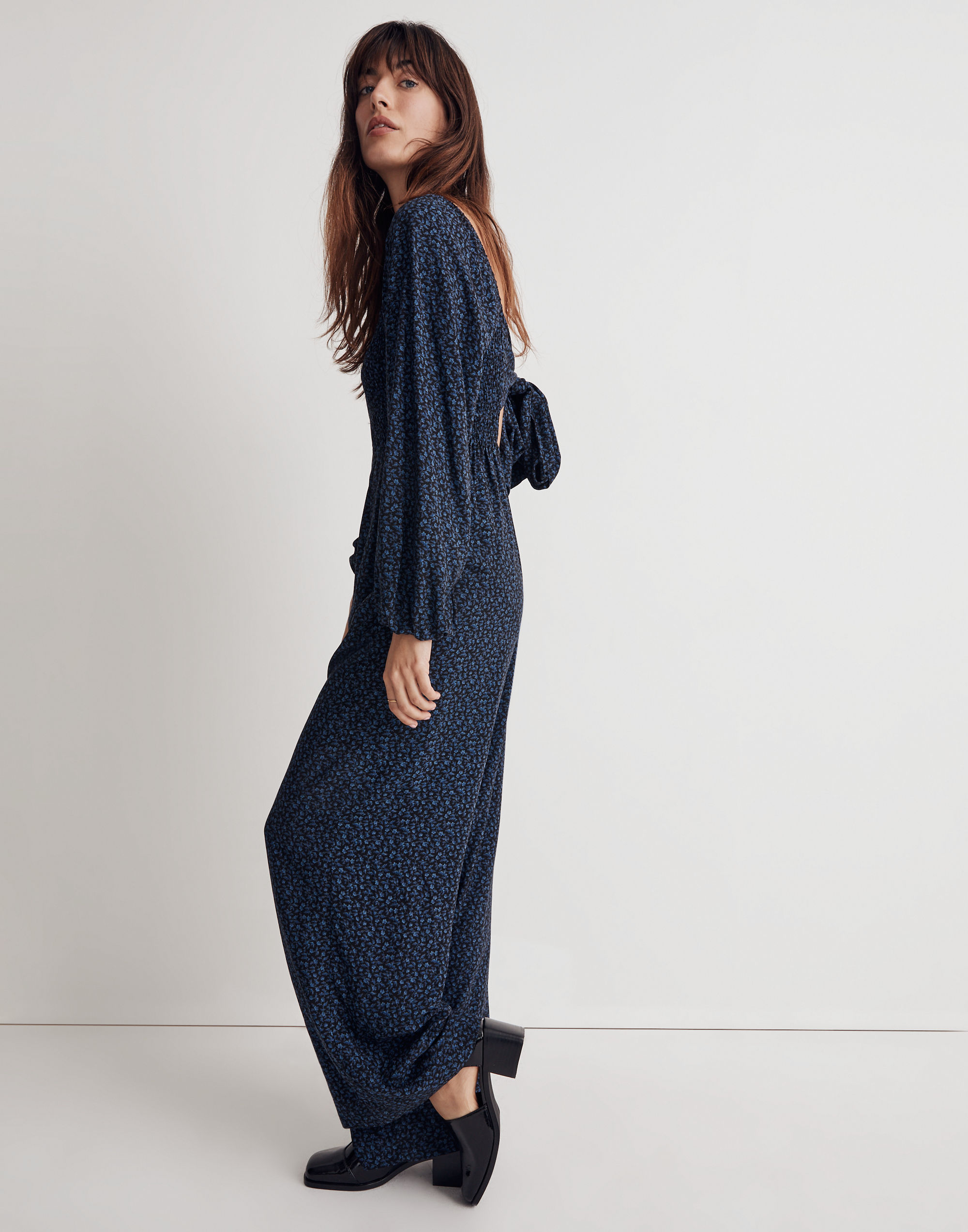 Lucie Tie-Back Long-Sleeve Jumpsuit in Carmine Floral