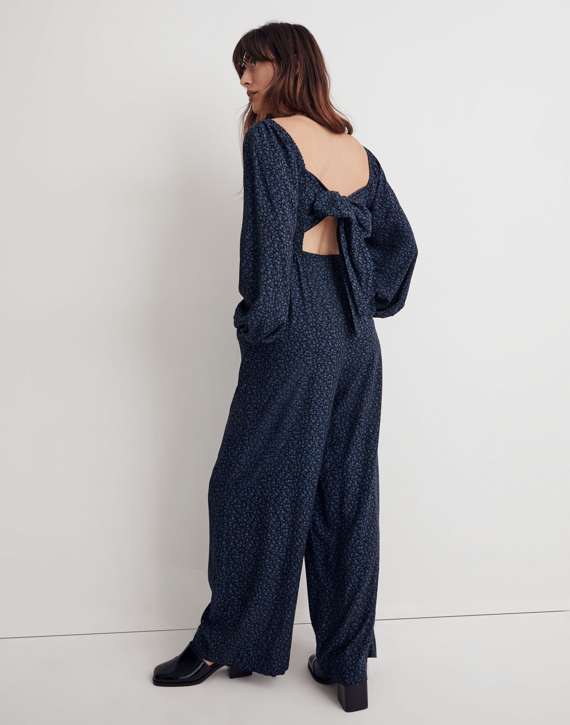 Lucie Tie-Back Long-Sleeve Jumpsuit in Carmine Floral