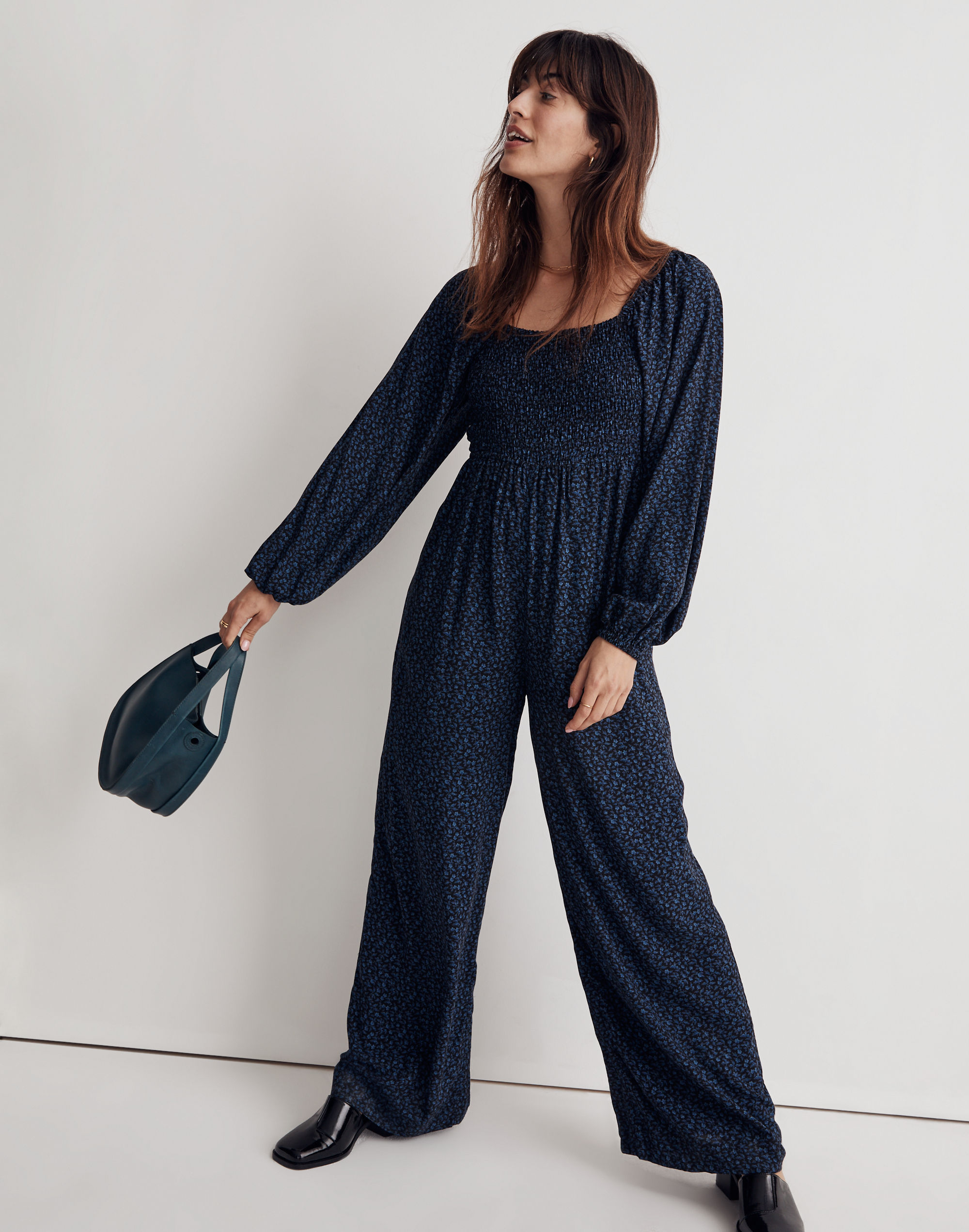 lucie tie-back long-sleeve jumpsuit in carmine floral