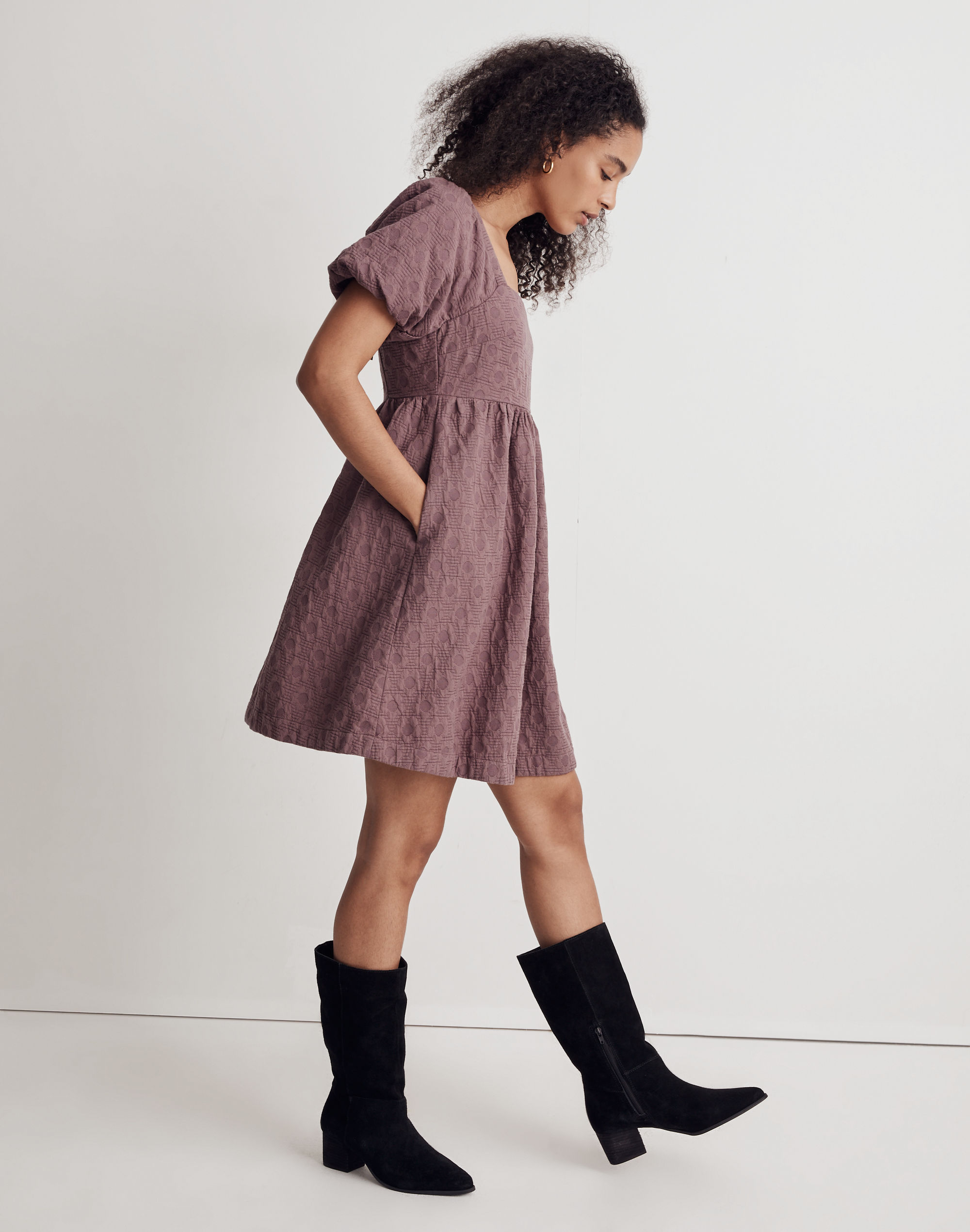 Floral Quilted Puff-Sleeve Mini Dress