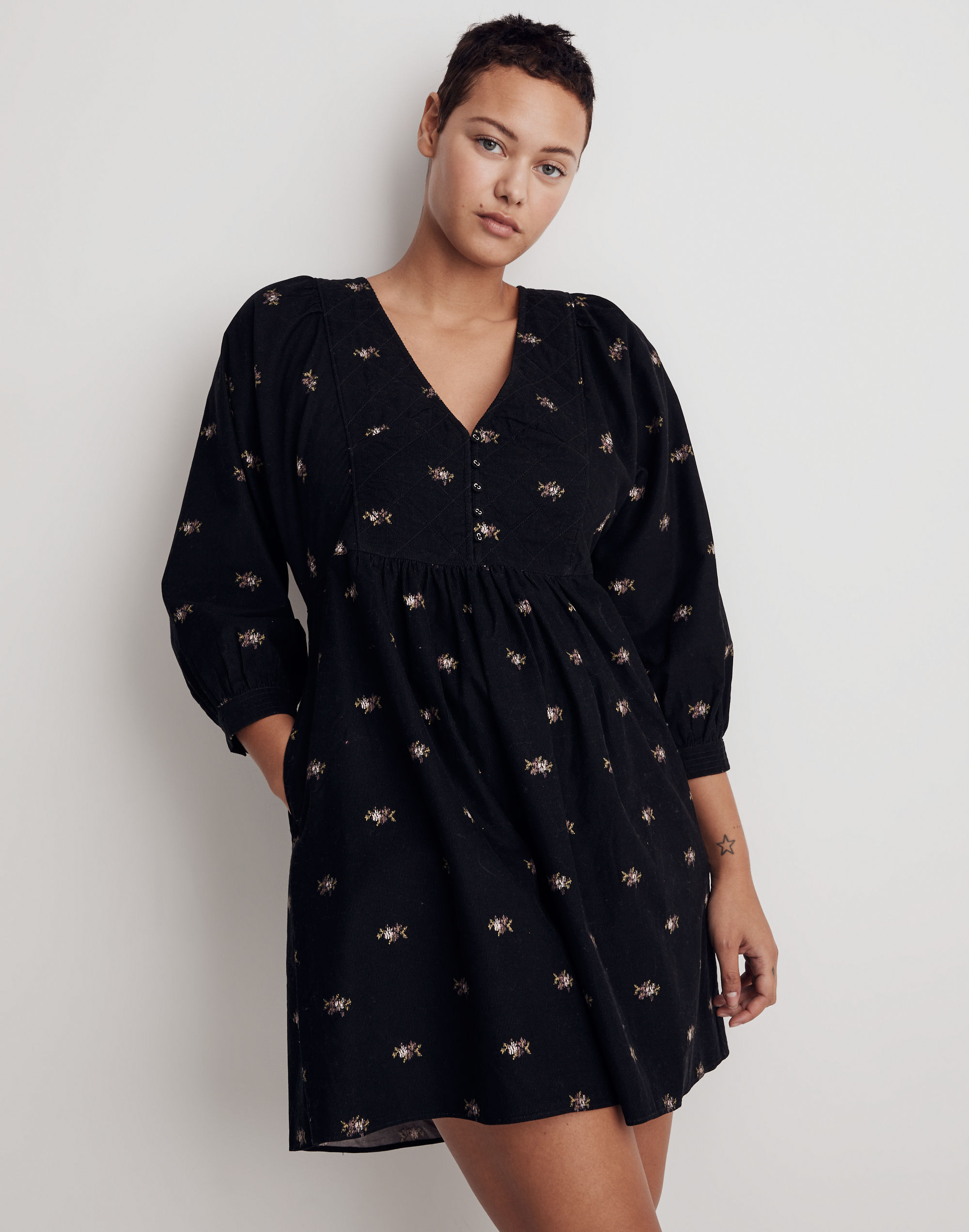 Corduroy Quilted-Bib Mini Dress in Blurred Ikat