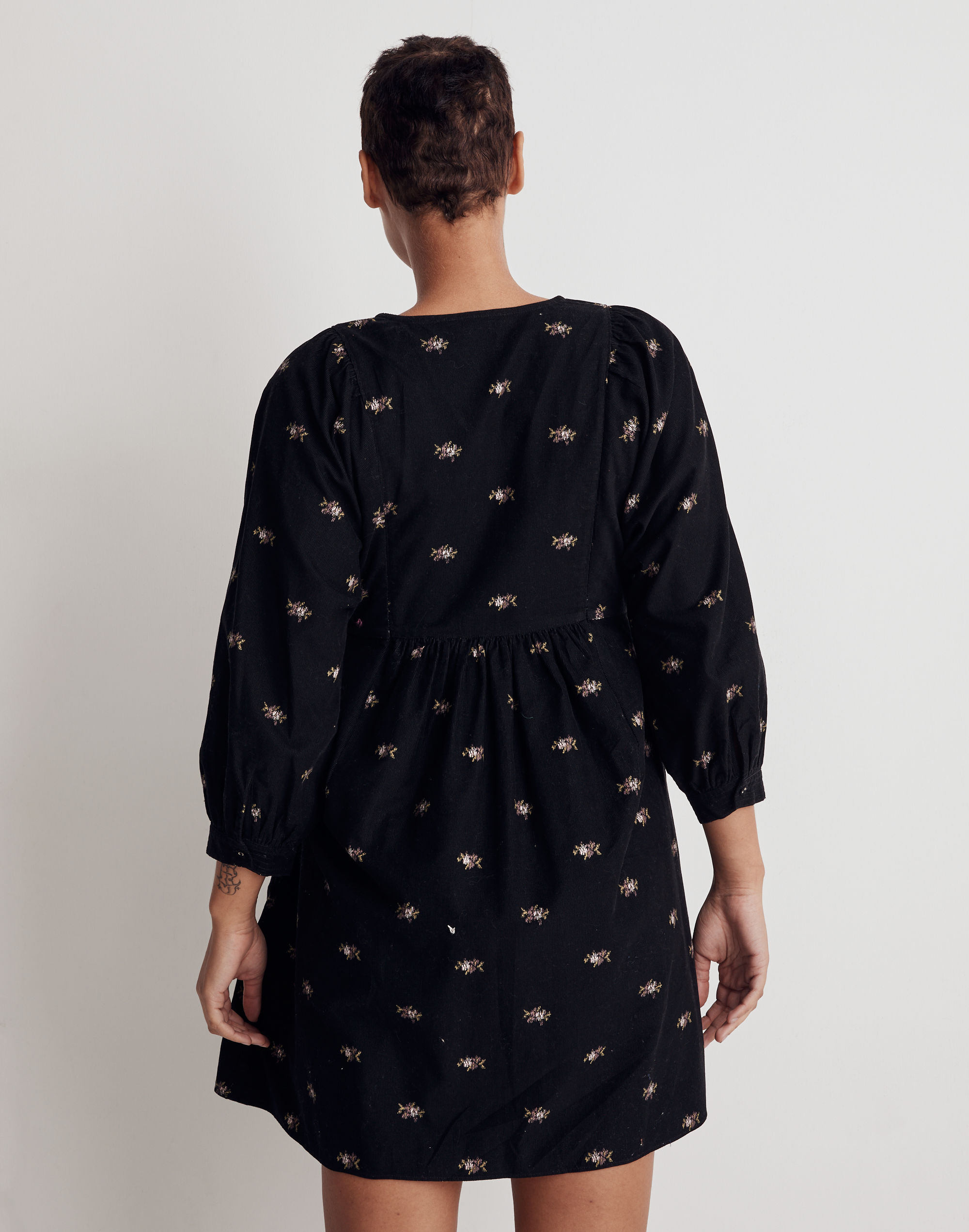 Corduroy Quilted-Bib Mini Dress in Blurred Ikat