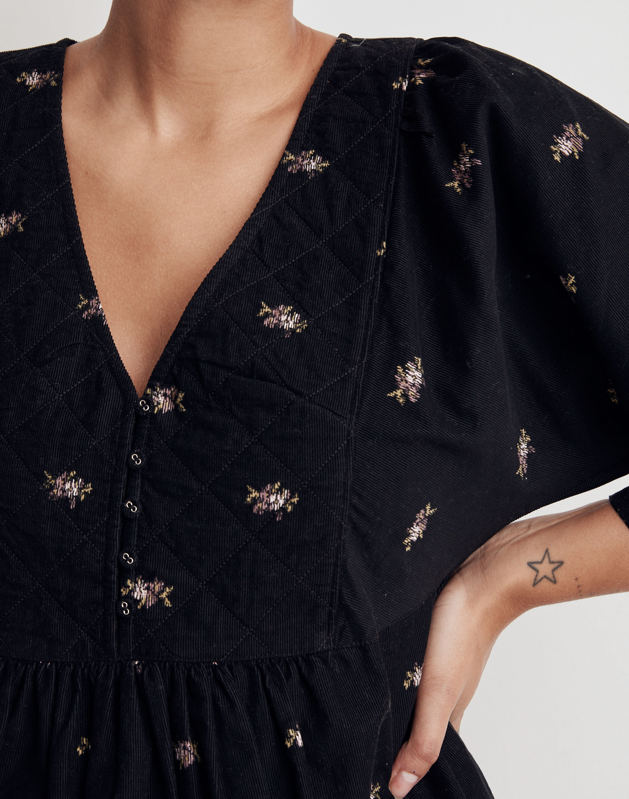 Corduroy Quilted-Bib Mini Dress in Blurred Ikat