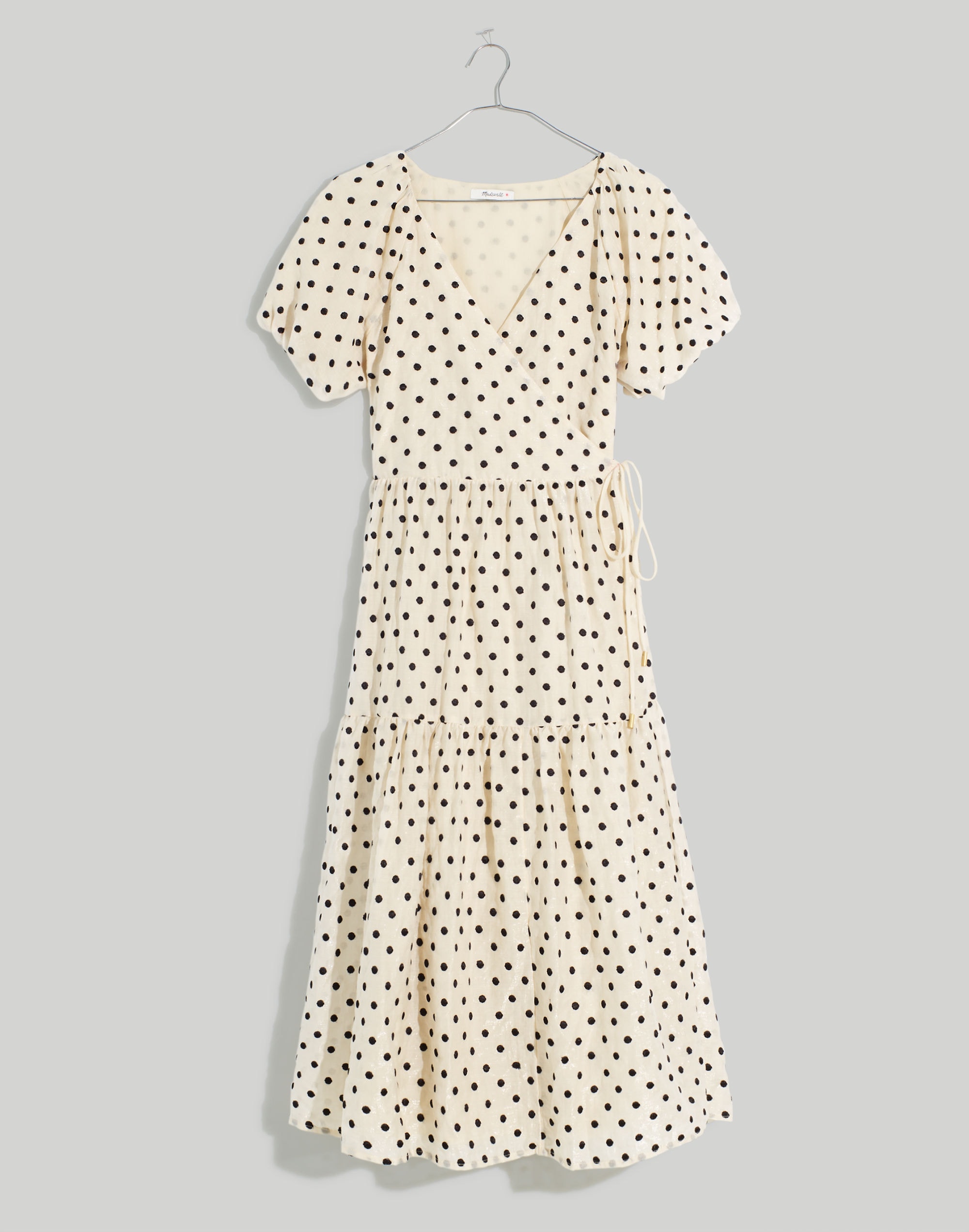 Tiered Puff-Sleeve Midi Wrap Dress in Dot