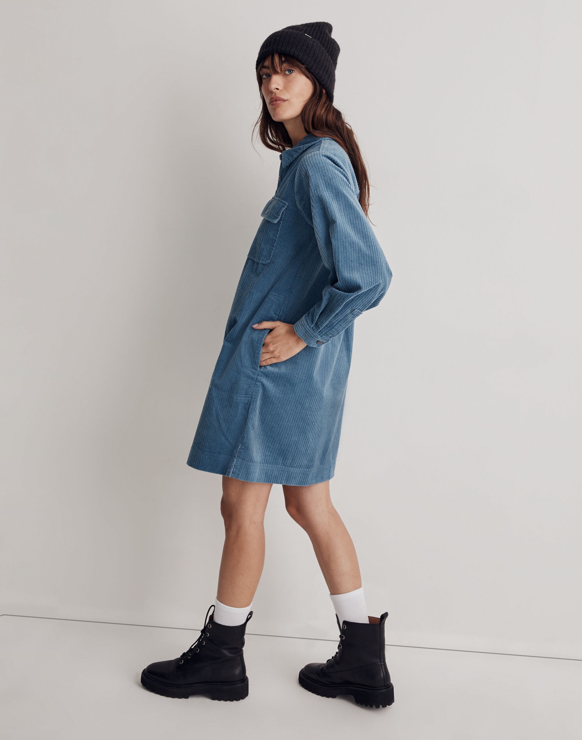 Petite Corduroy Long-Sleeve Mini Shirtdress