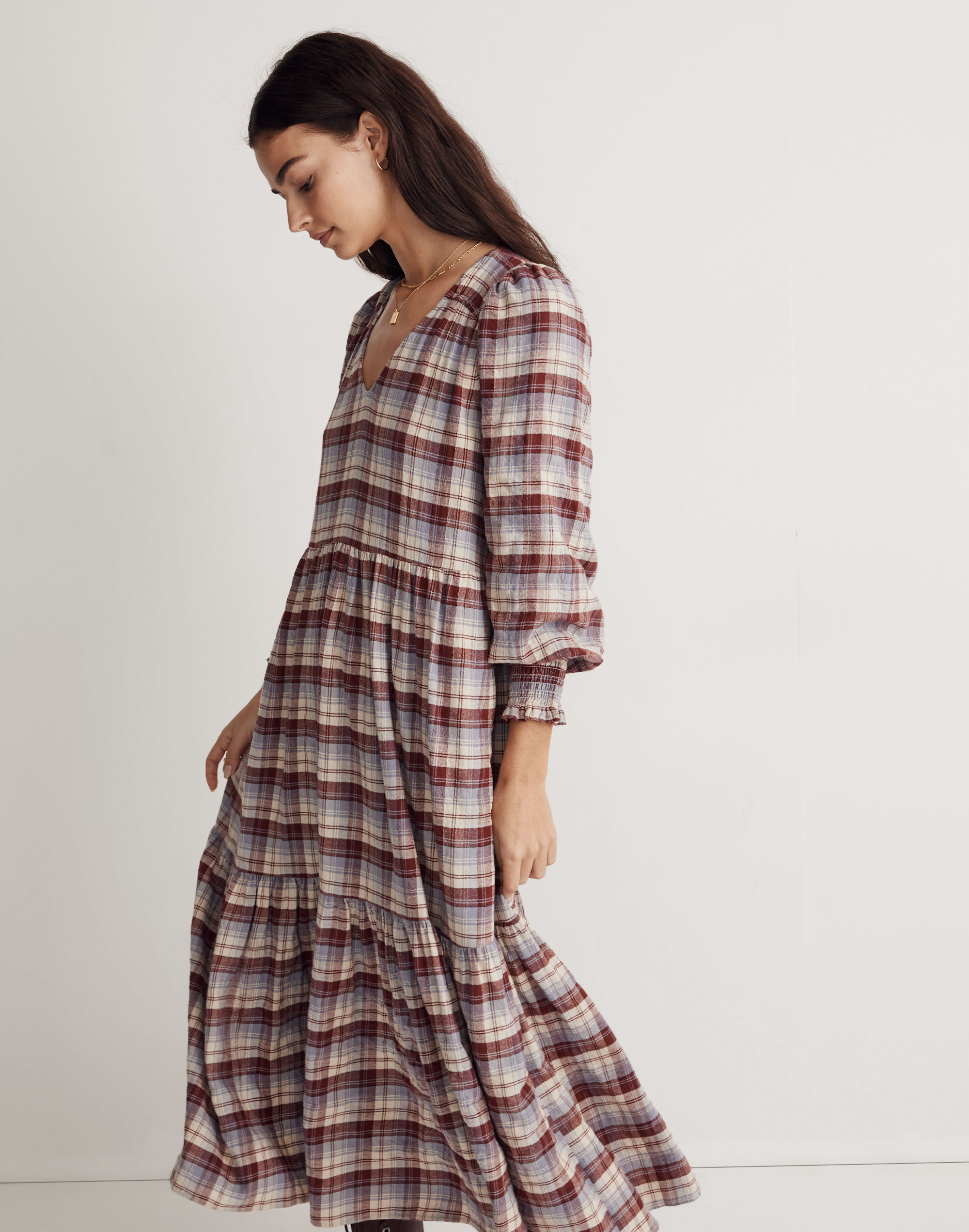 V-Neck Tiered Midi Dress in Plaid