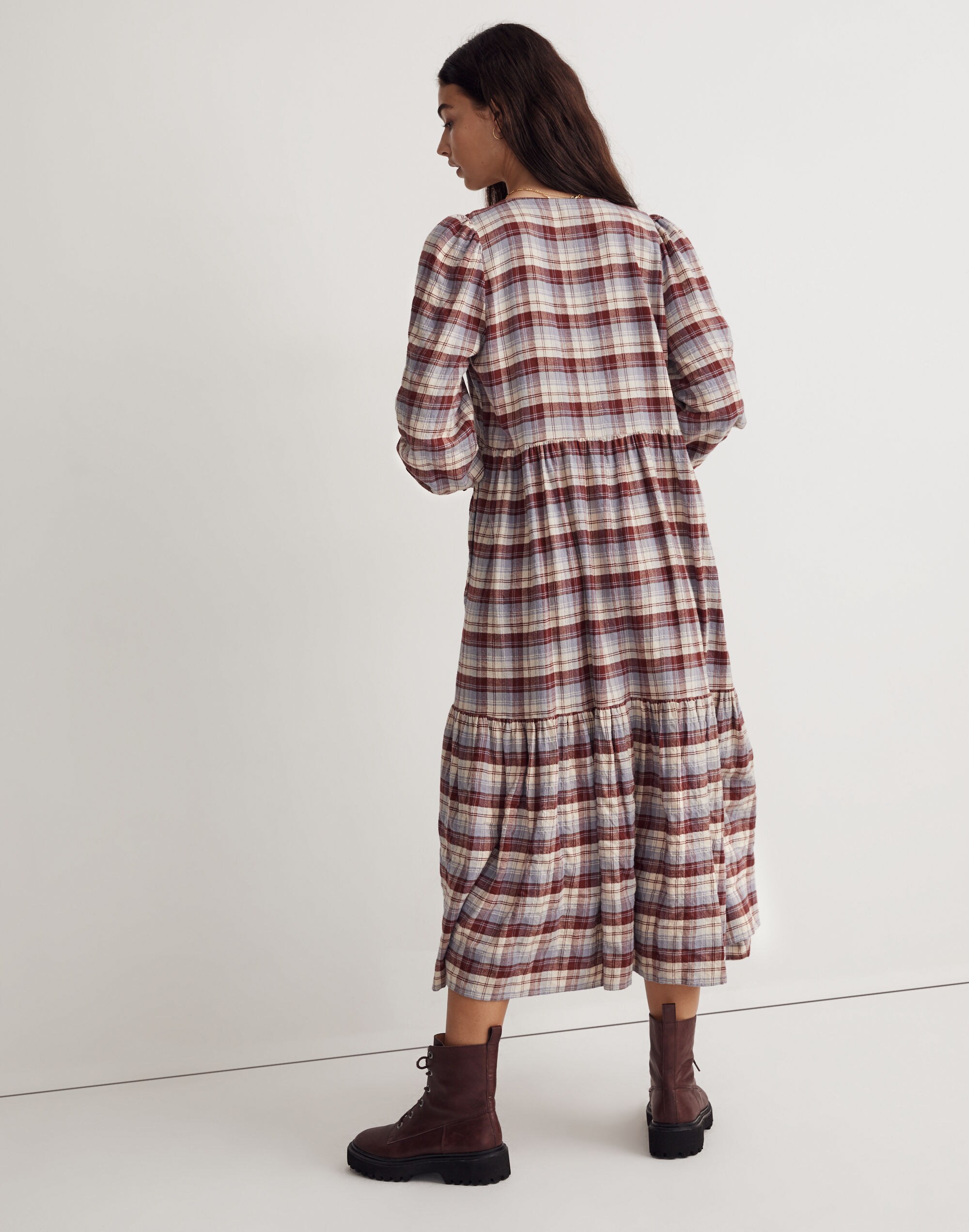 V-Neck Tiered Midi Dress in Plaid