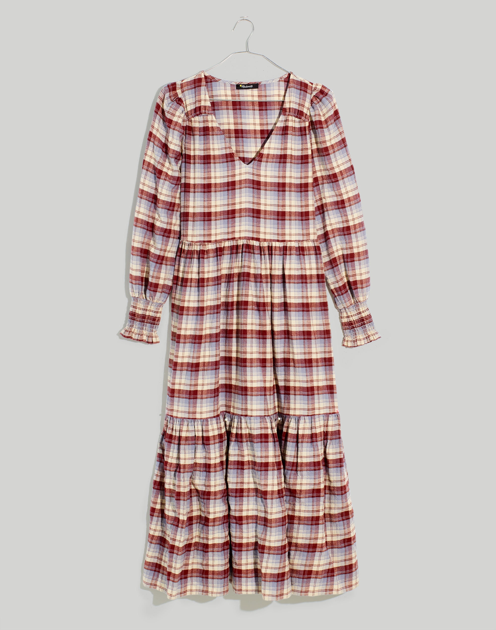 V-Neck Tiered Midi Dress in Plaid