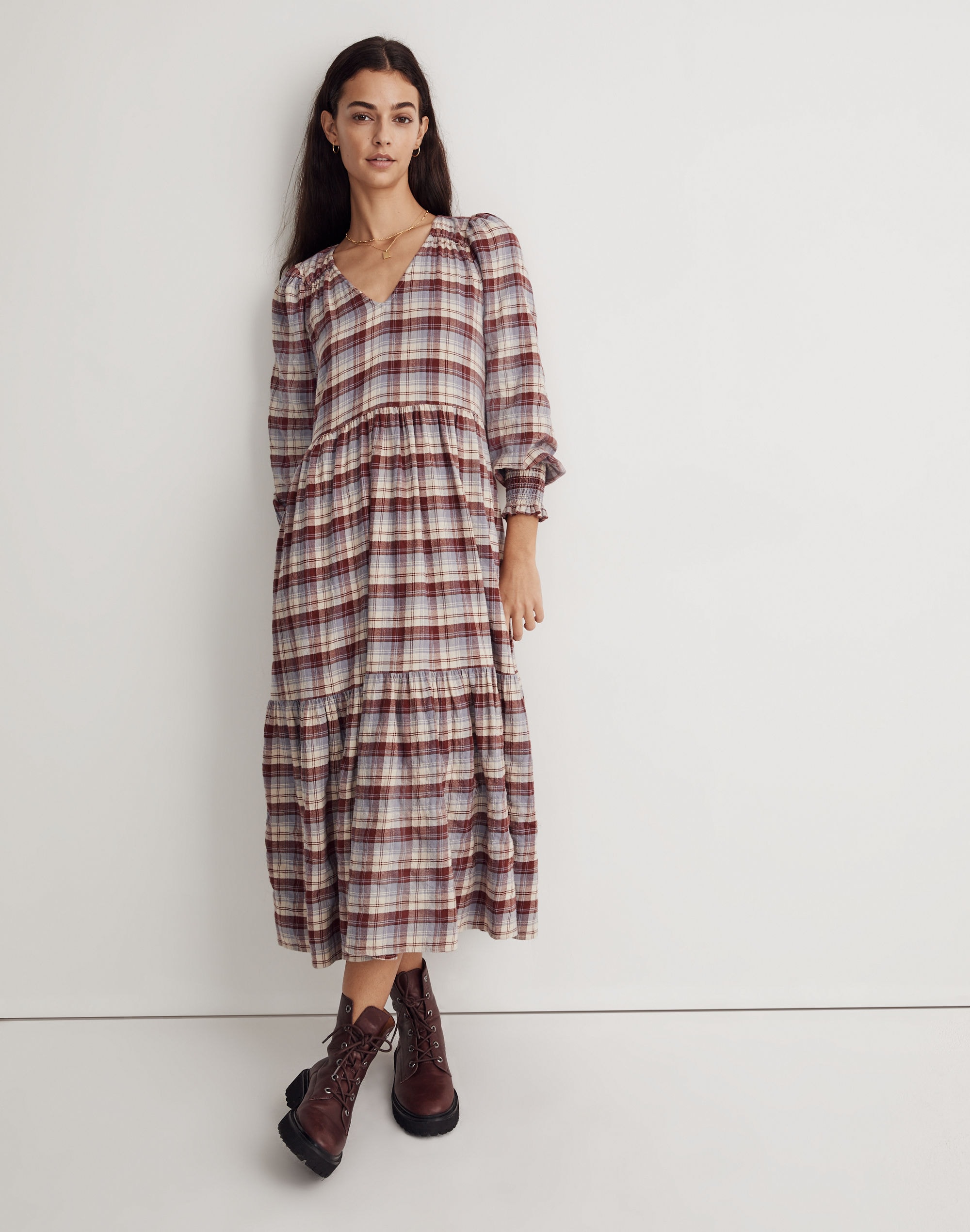v-neck tiered midi dress in plaid