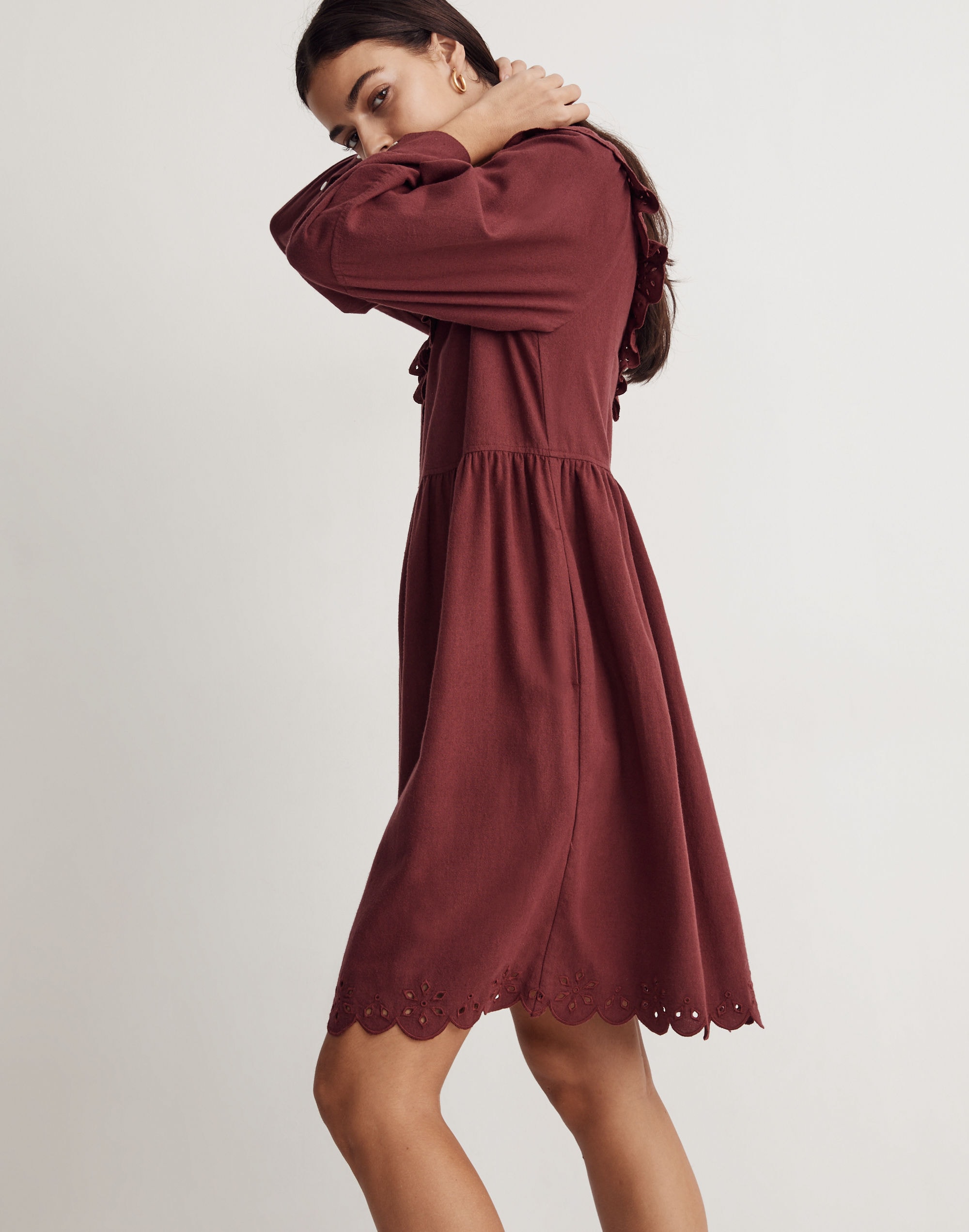 Embroidered Ruffled Flannel Mini Dress