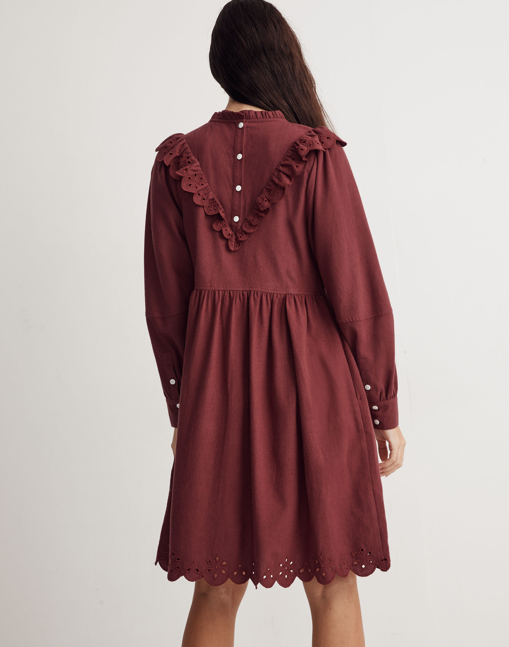 Embroidered Ruffled Flannel Mini Dress
