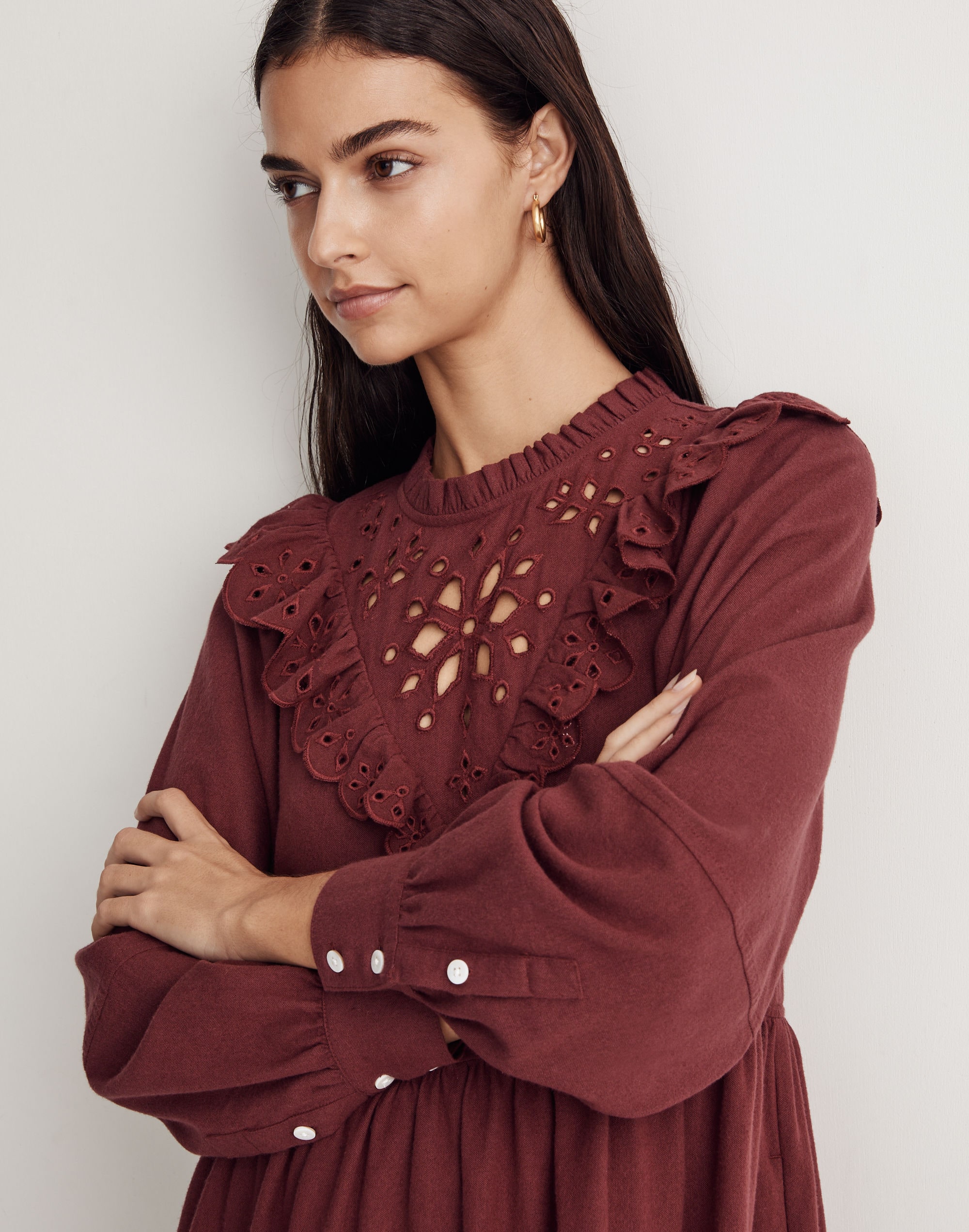 Embroidered Ruffled Flannel Mini Dress