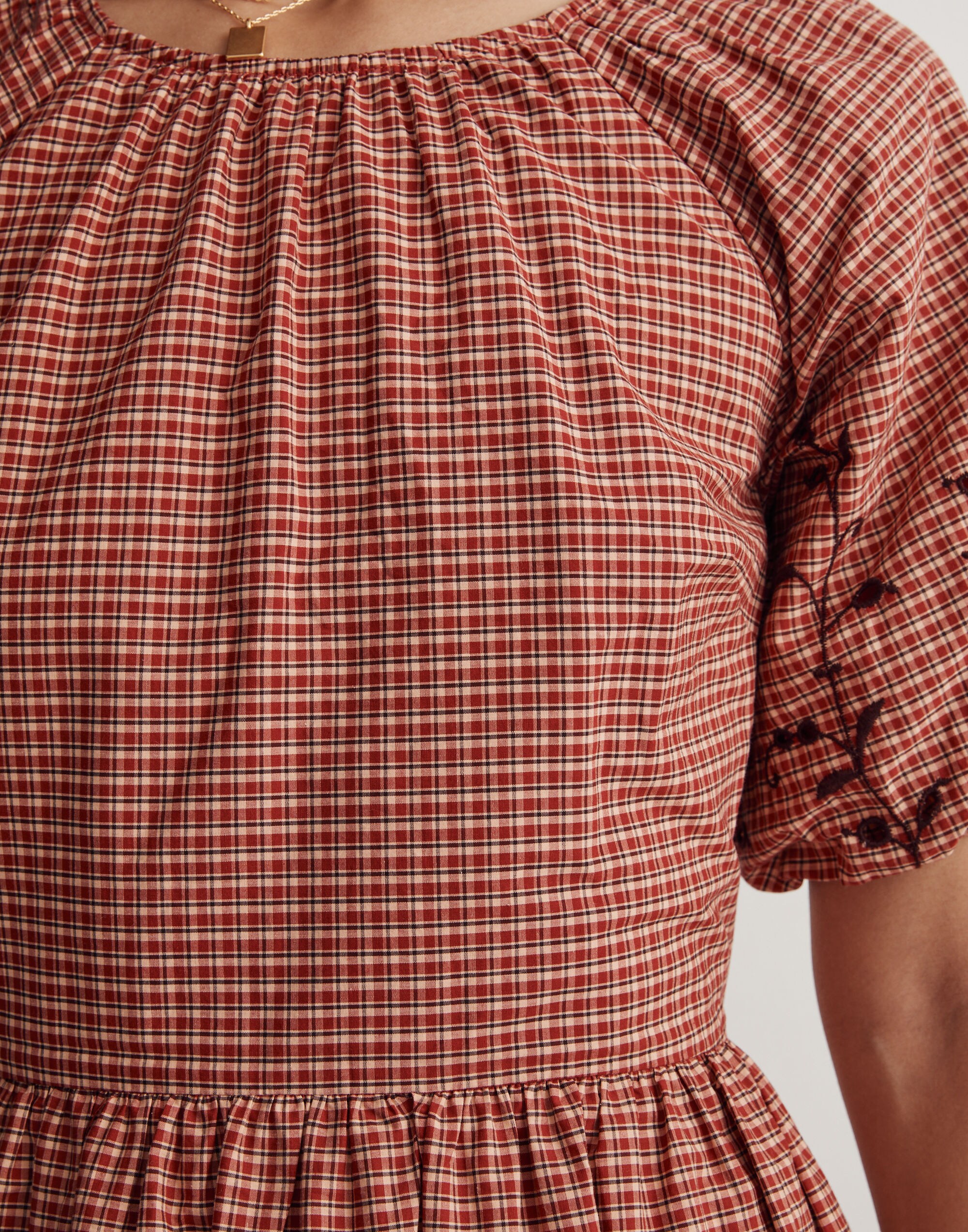 Embroidered Bubble-Sleeve Midi Dress