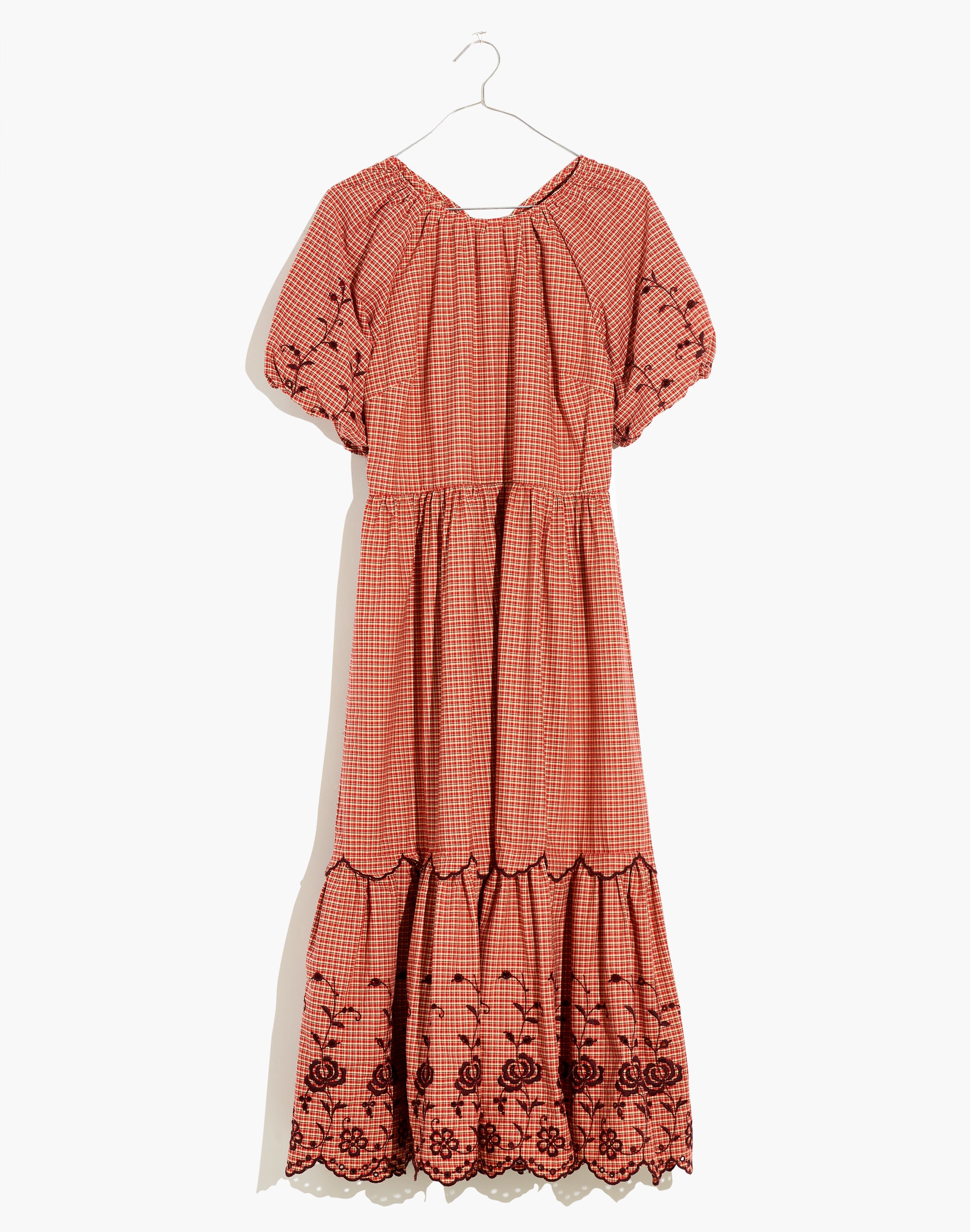 Embroidered Bubble-Sleeve Midi Dress