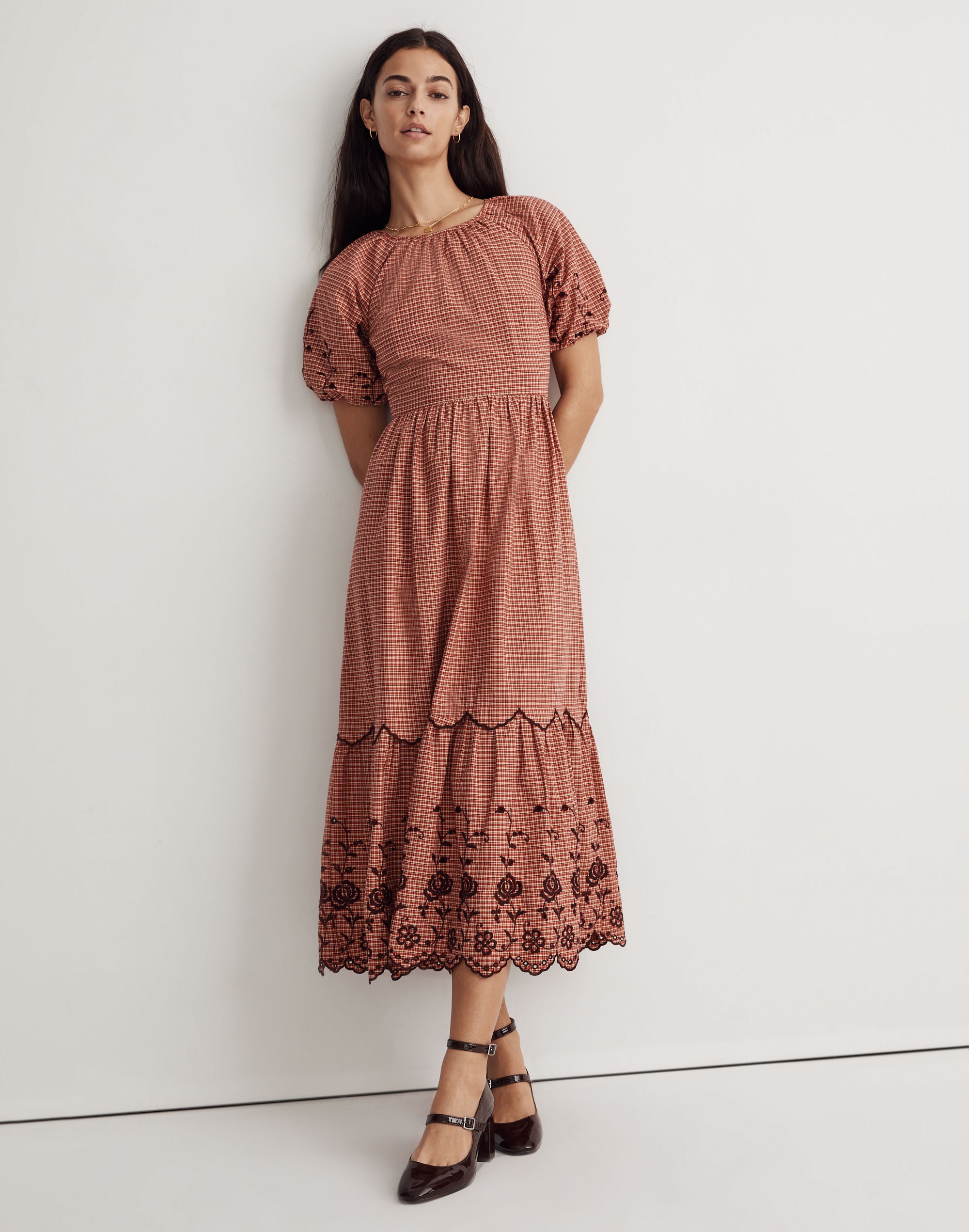 Embroidered Bubble-Sleeve Midi Dress