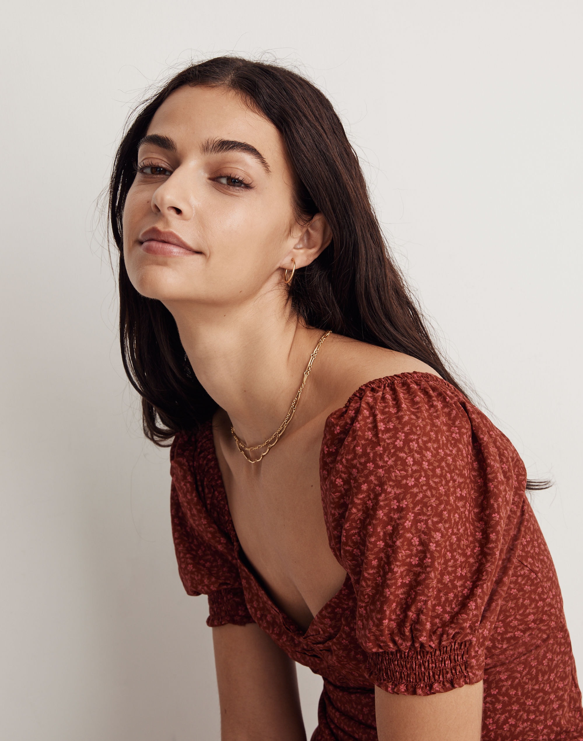 Sweetheart Puff-Sleeve Midi Dress in Carmine Floral