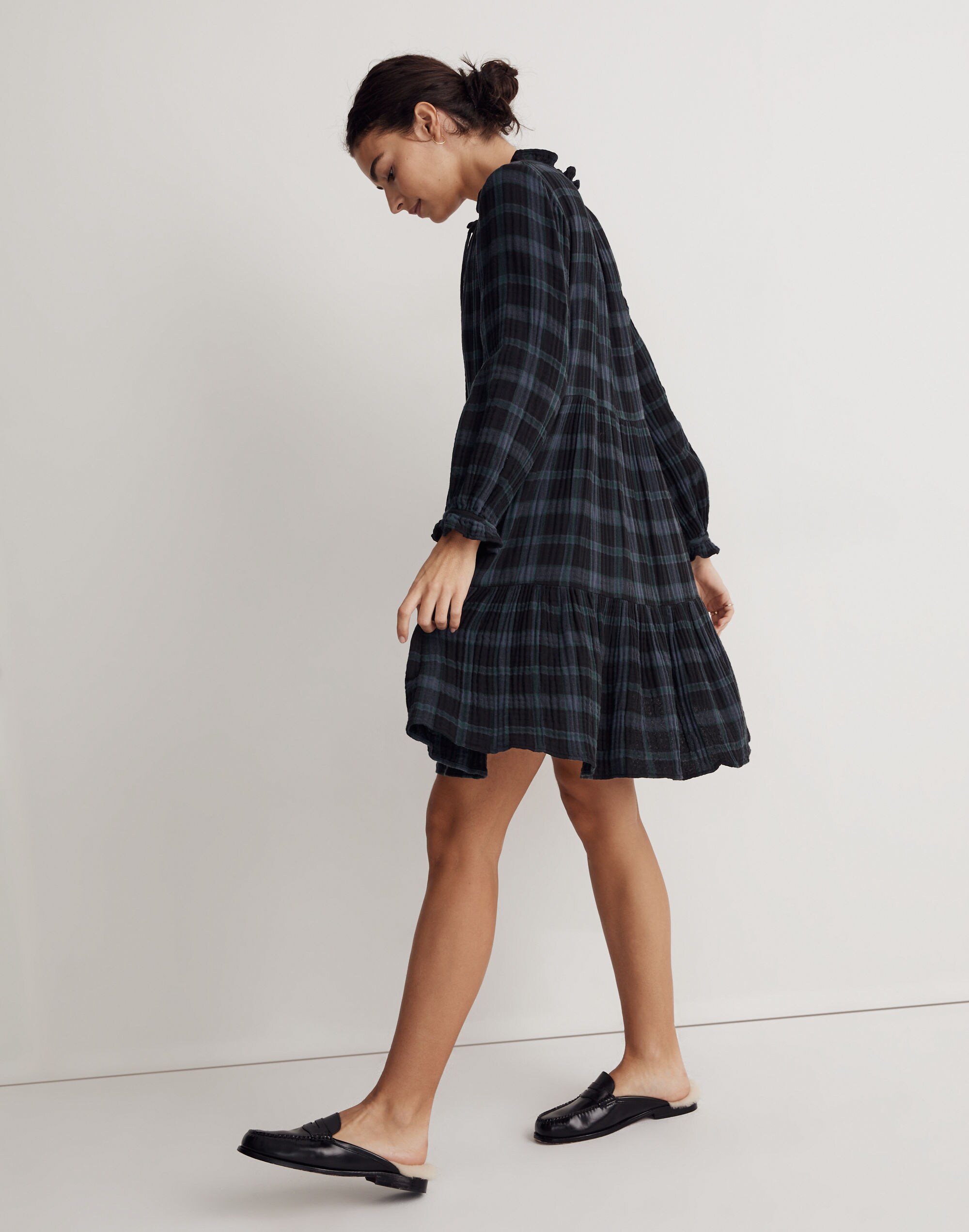 Tie-Neck Tiered Mini Dress in  Plaid