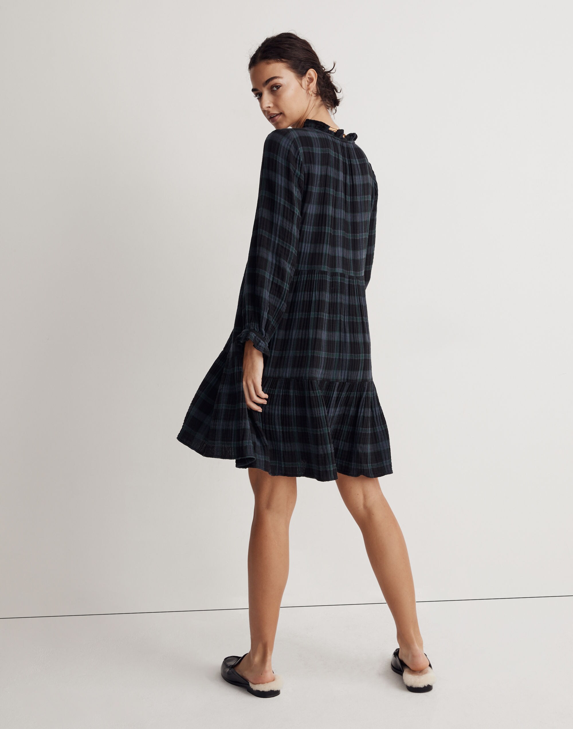 Tie-Neck Tiered Mini Dress in  Plaid
