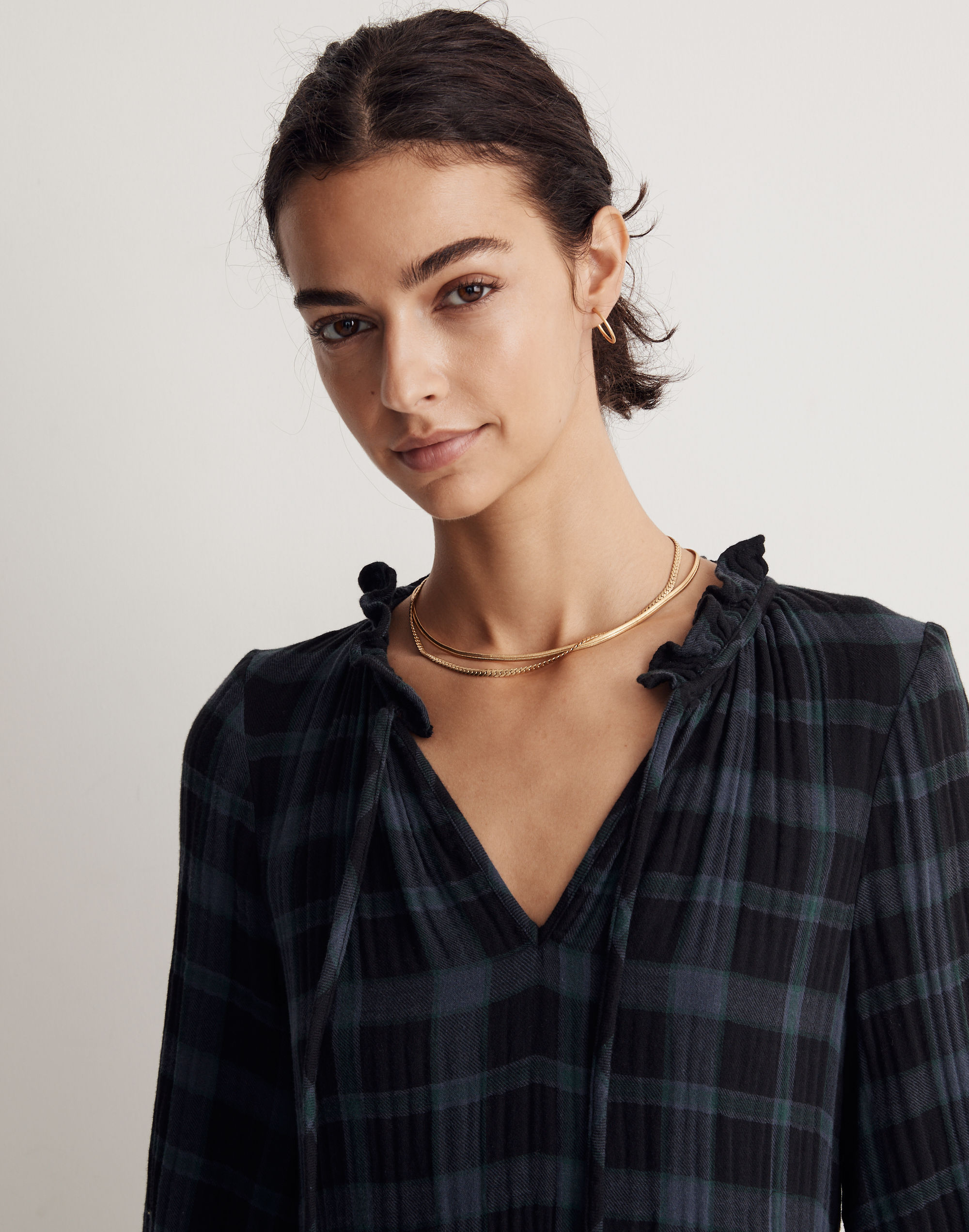 Tie-Neck Tiered Mini Dress in  Plaid