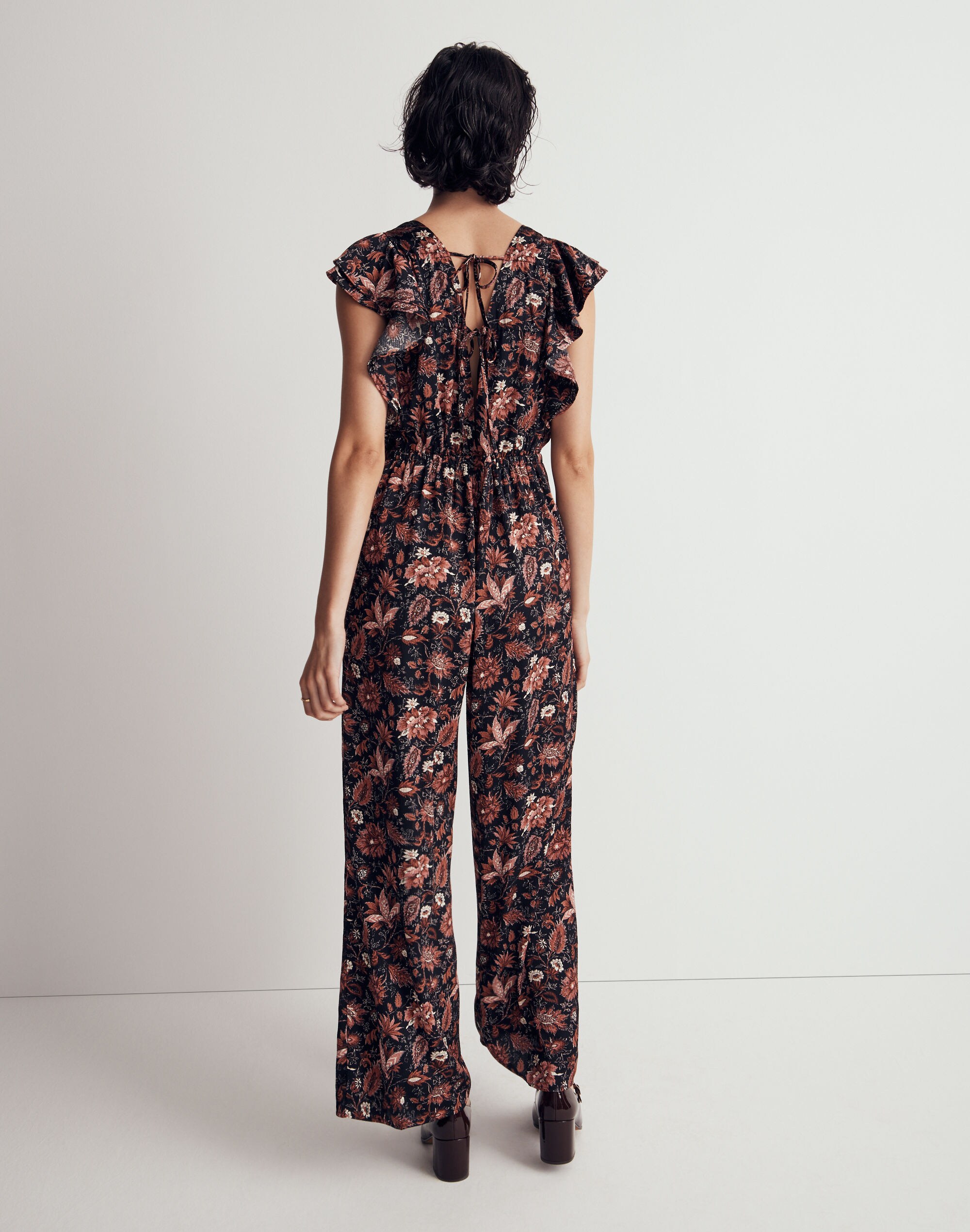 Deep-V Ruffled Jumpsuit in Pampas Blooms