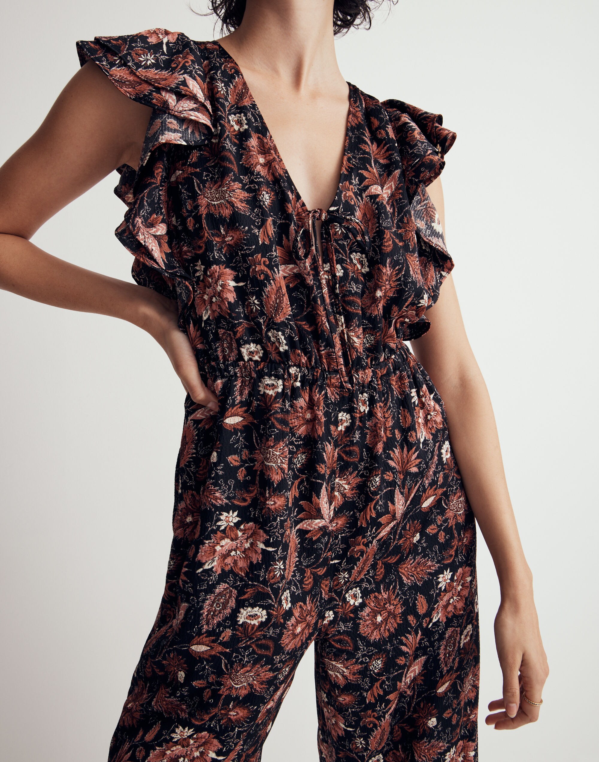 Deep-V Ruffled Jumpsuit in Pampas Blooms
