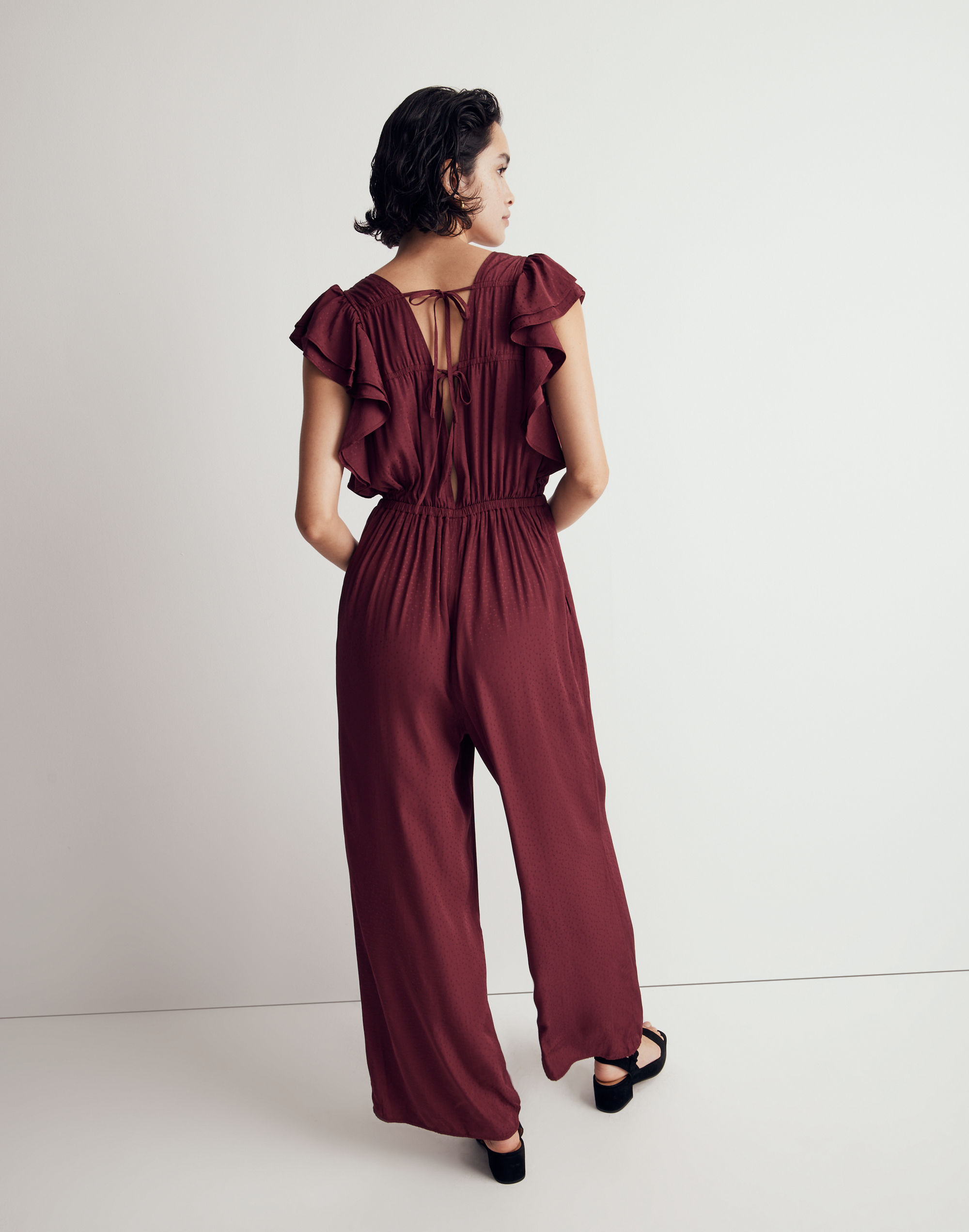 Jacquard Deep-V Ruffled Jumpsuit