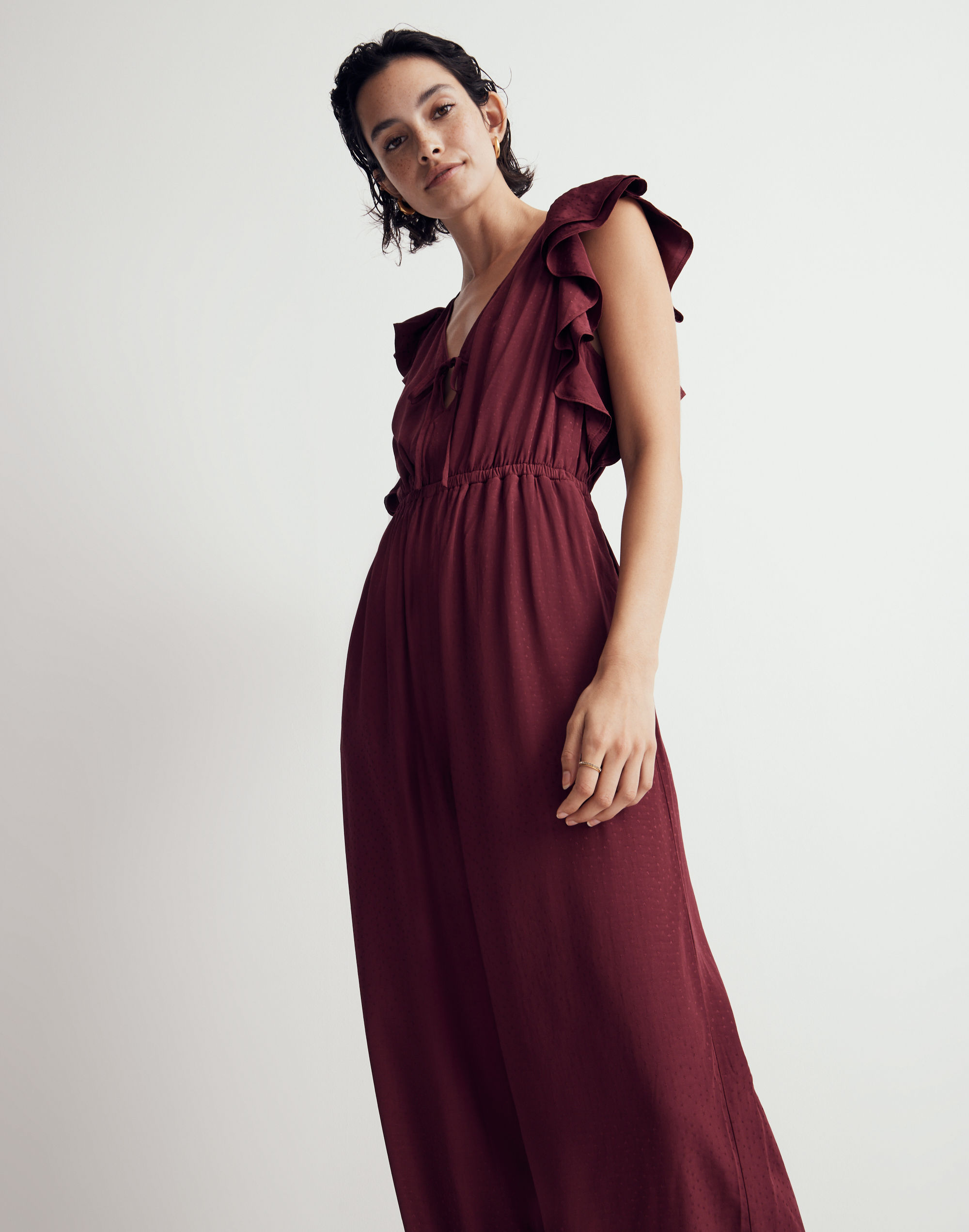 Jacquard Deep-V Ruffled Jumpsuit