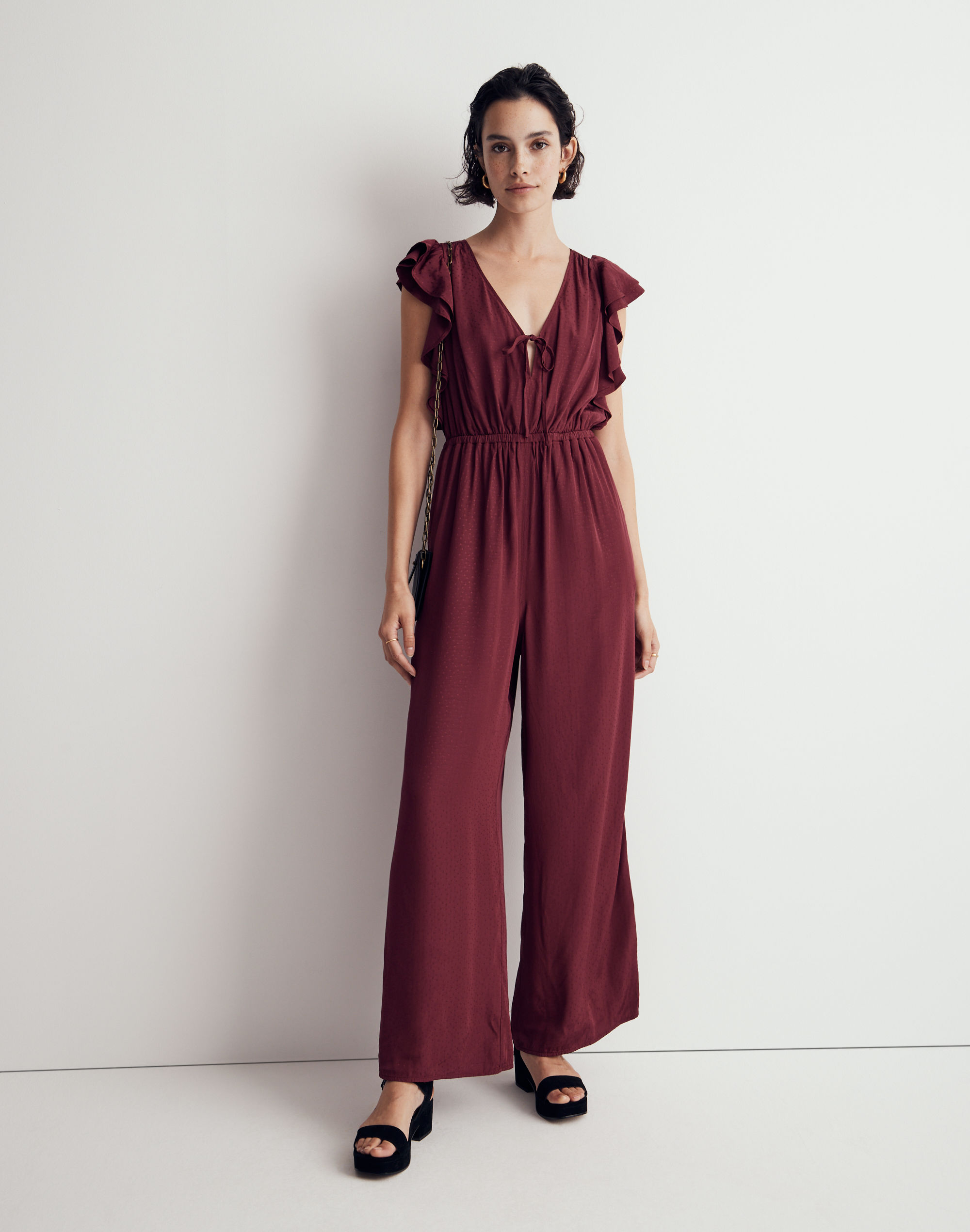 jacquard deep-v ruffled jumpsuit