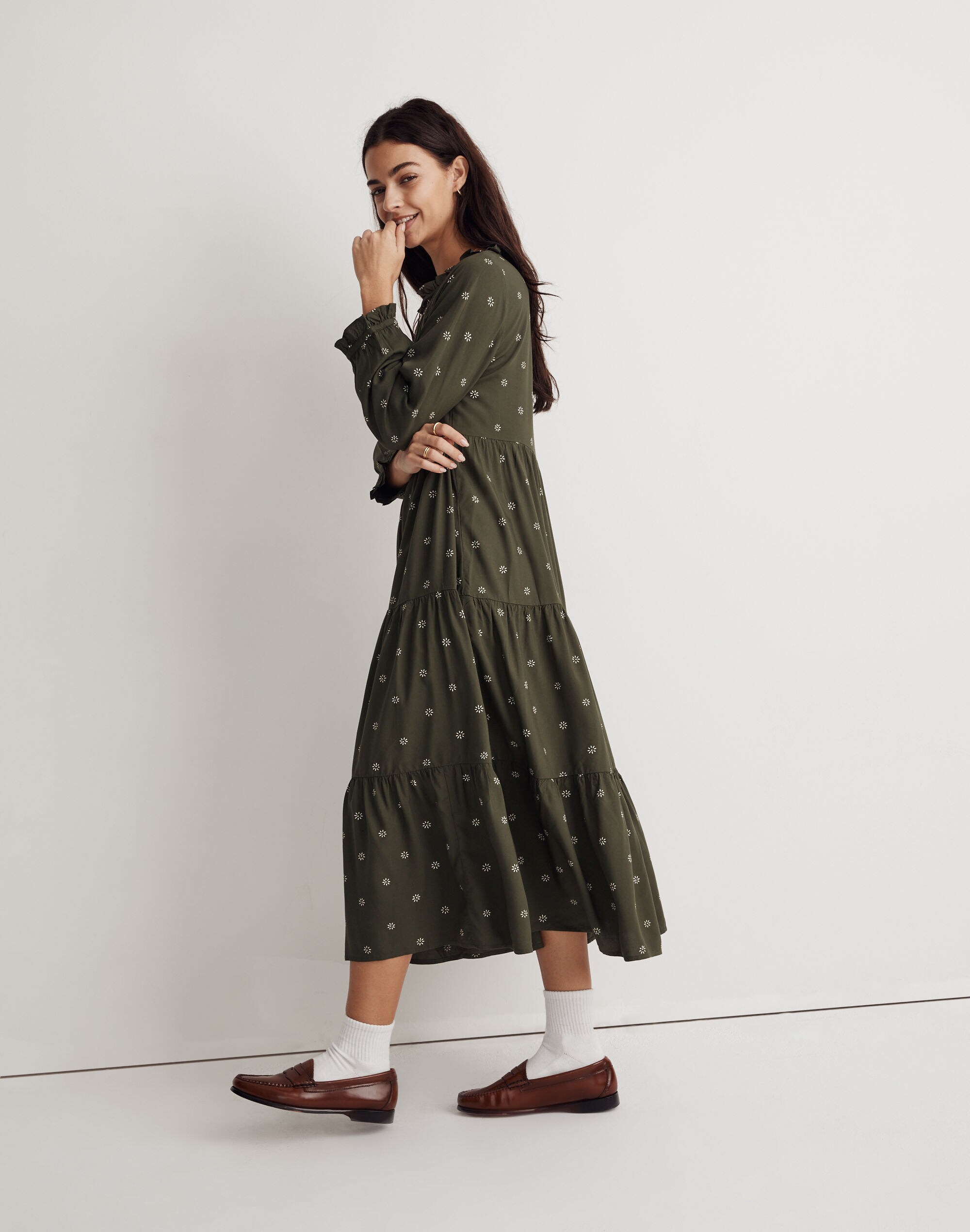 Tie-Neck Tiered Midi Dress in Stardot