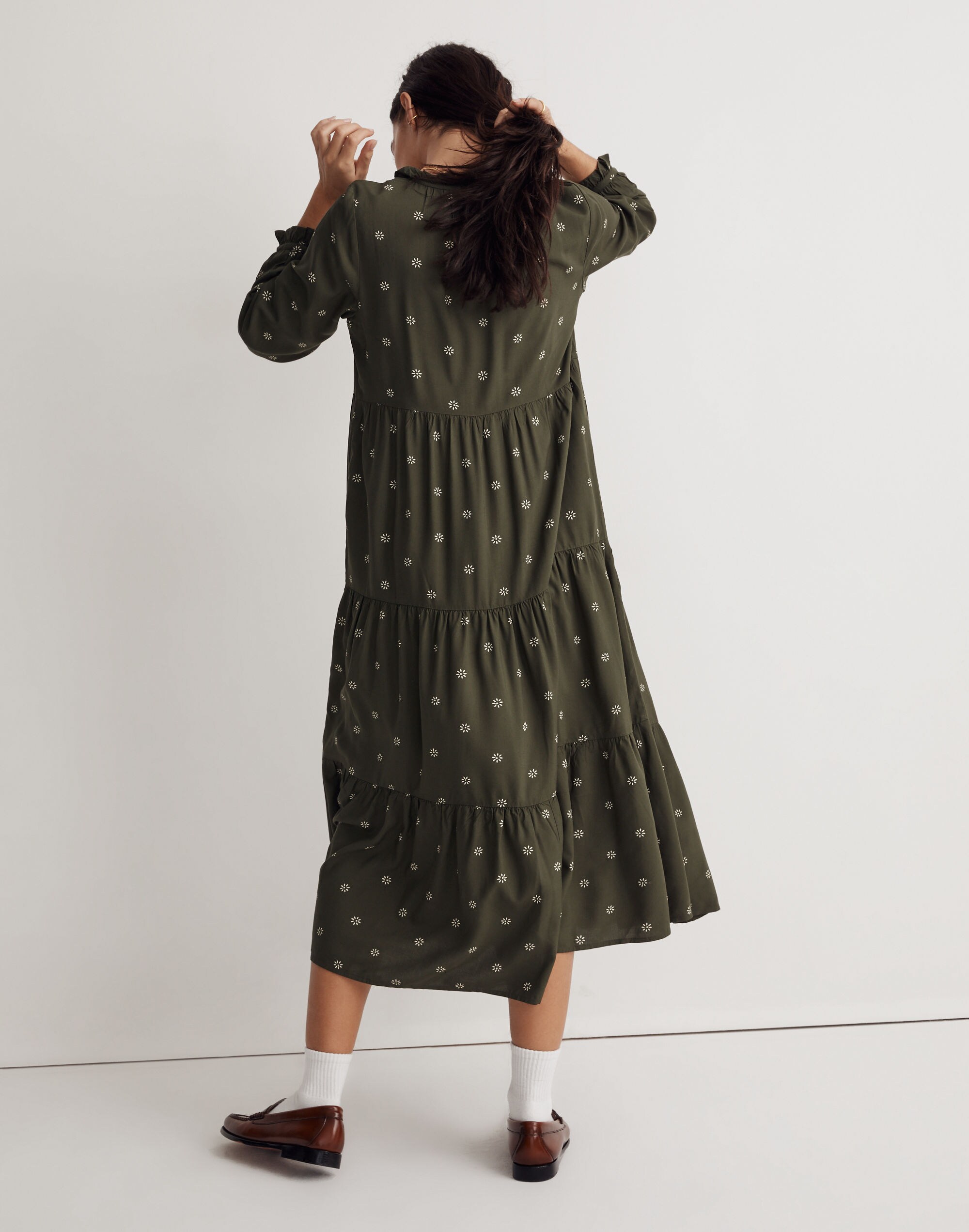 Tie-Neck Tiered Midi Dress in Stardot