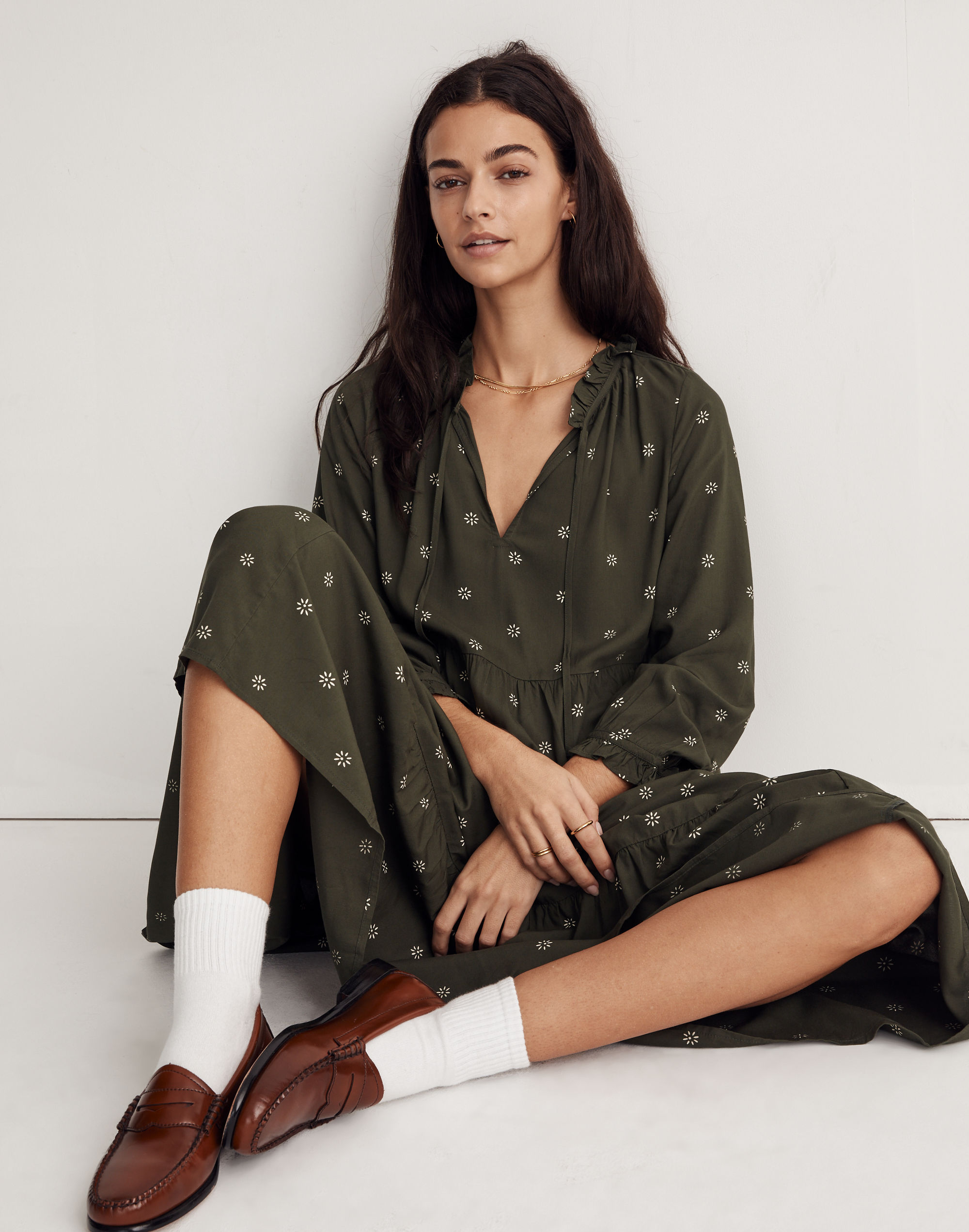 Tie-Neck Tiered Midi Dress in Stardot