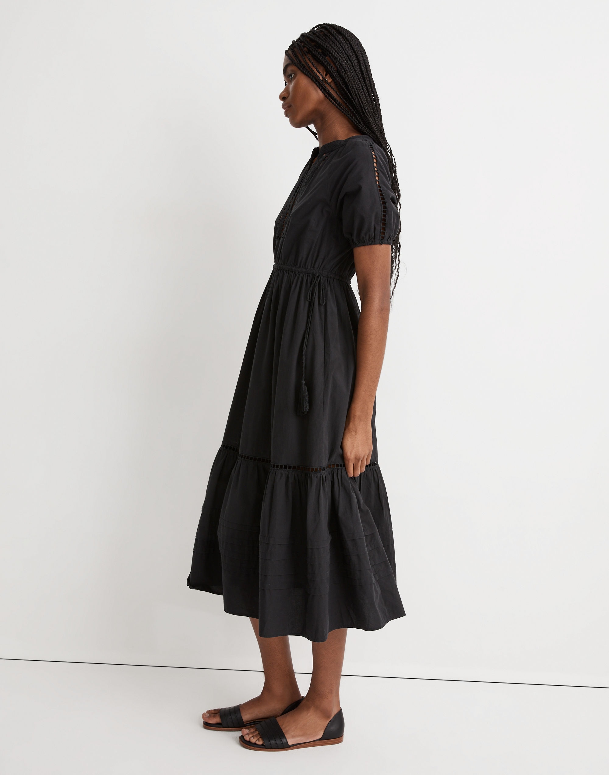 Poplin Ladder Embroidery Midi Dress