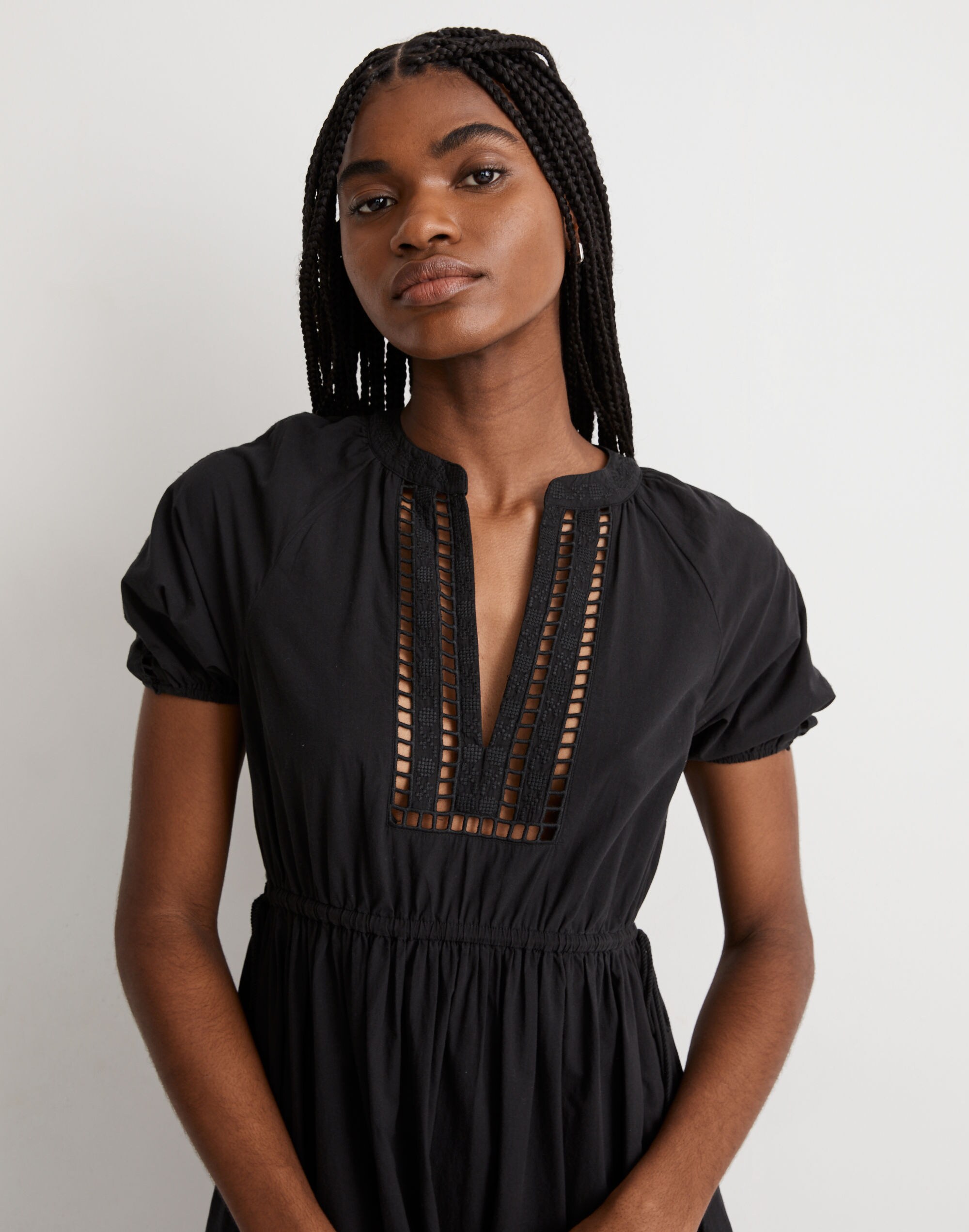 Poplin Ladder Embroidery Midi Dress