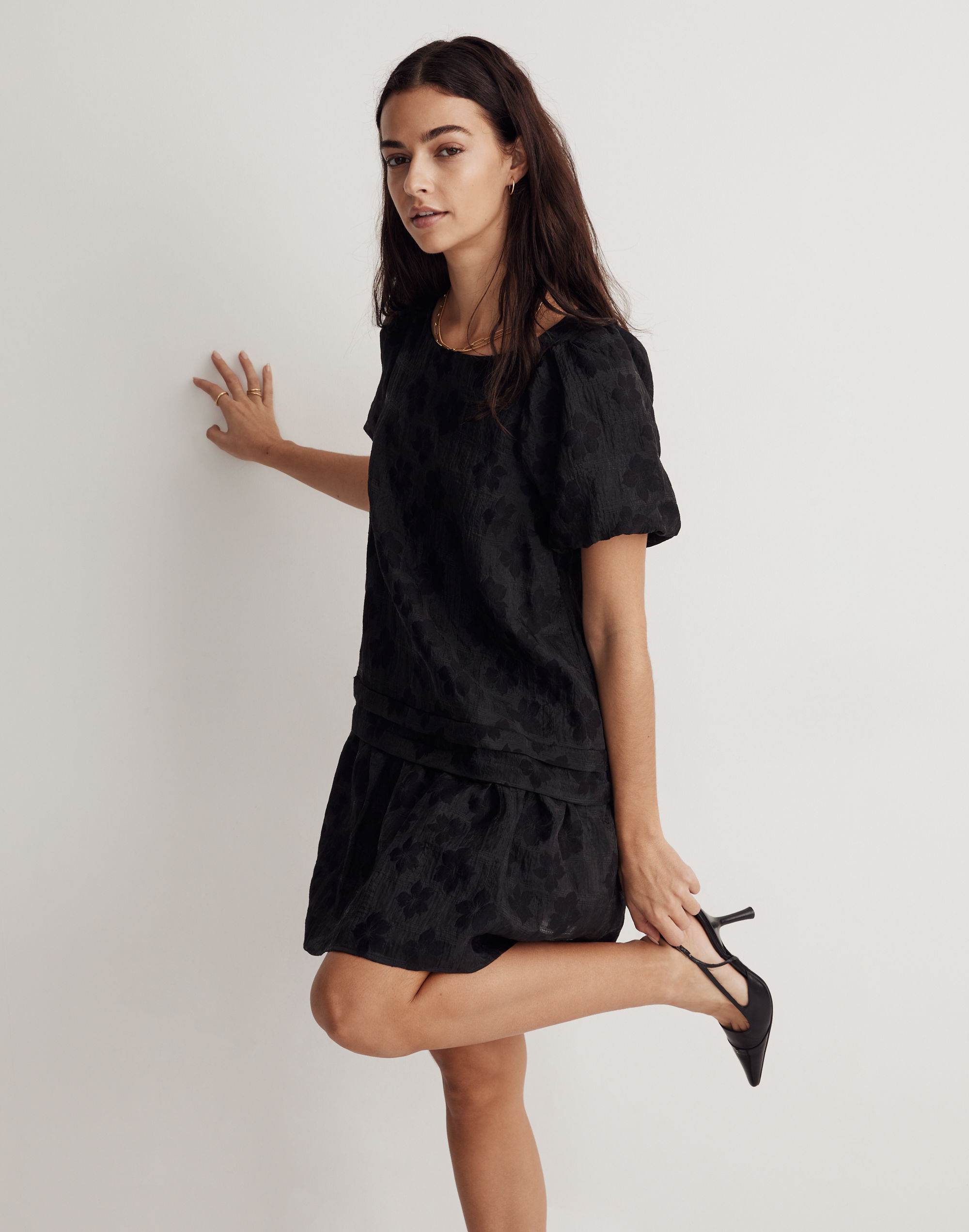 Puff-Sleeve Pleated Mini Dress in Floral Jacquard