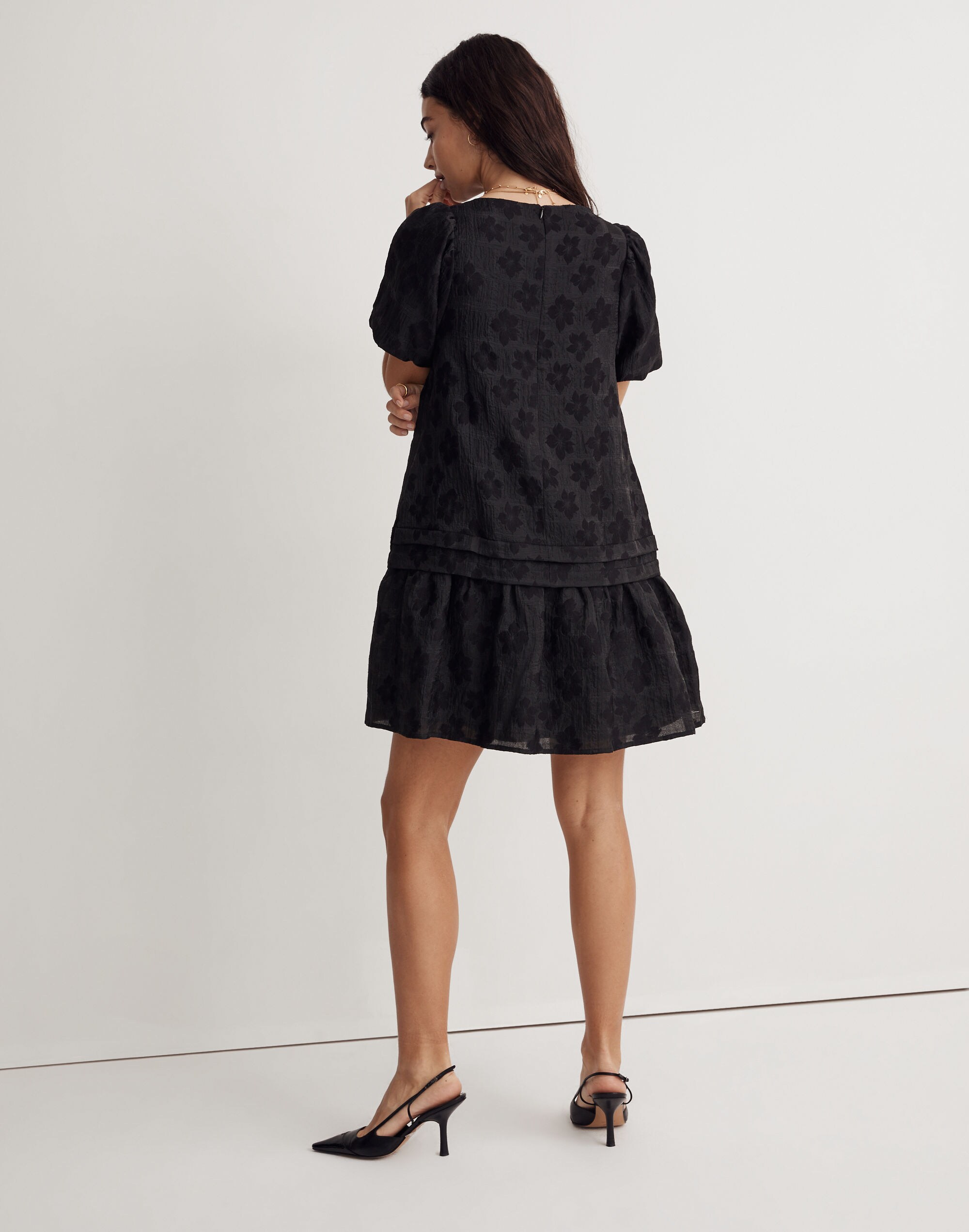 Puff-Sleeve Pleated Mini Dress in Floral Jacquard