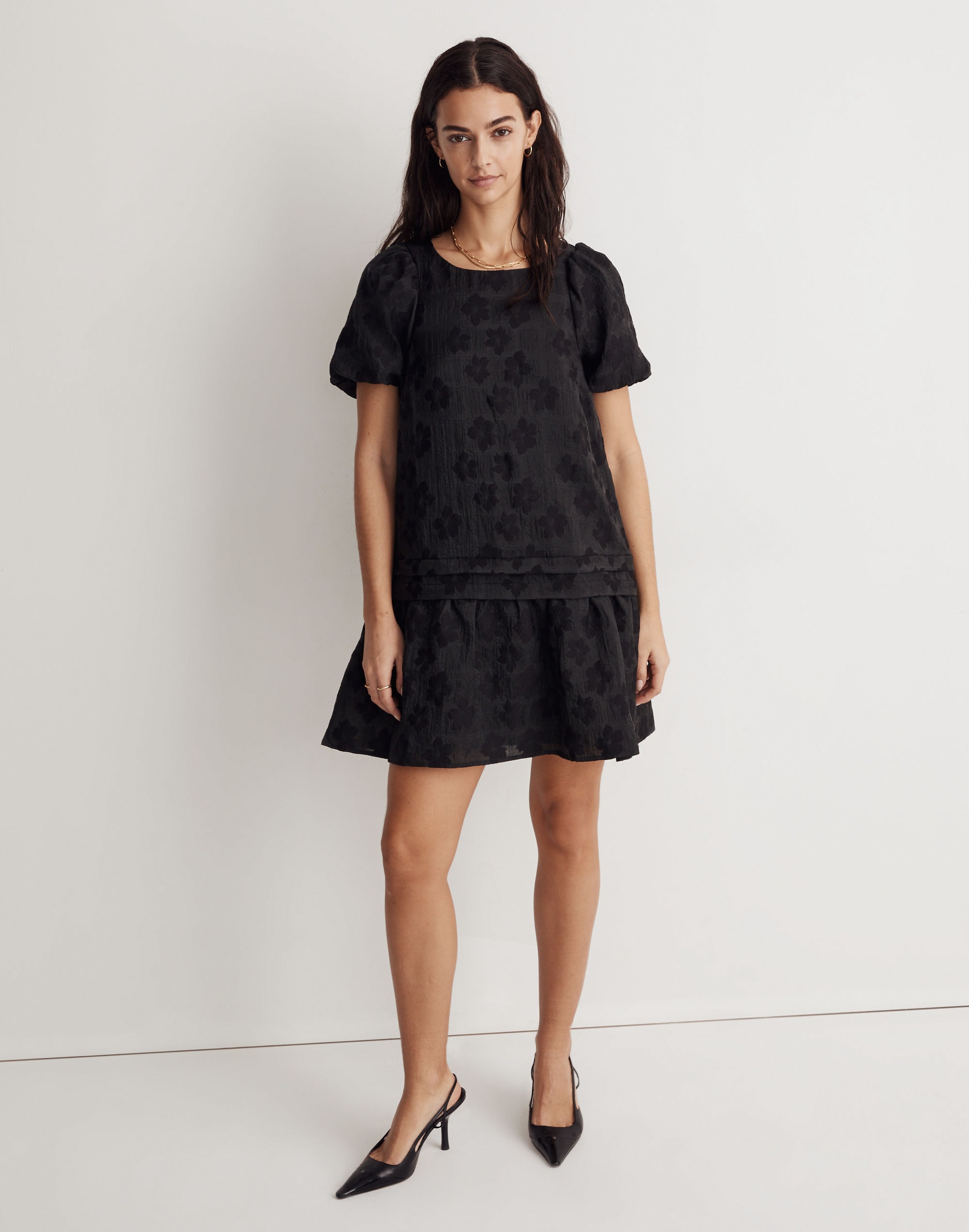 puff-sleeve pleated mini dress in floral jacquard