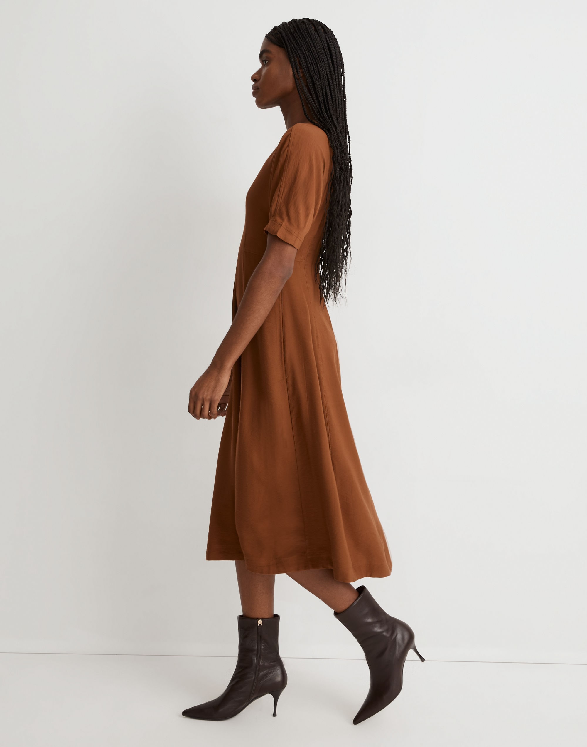 Wide V-Neck Seamed Midi Dress