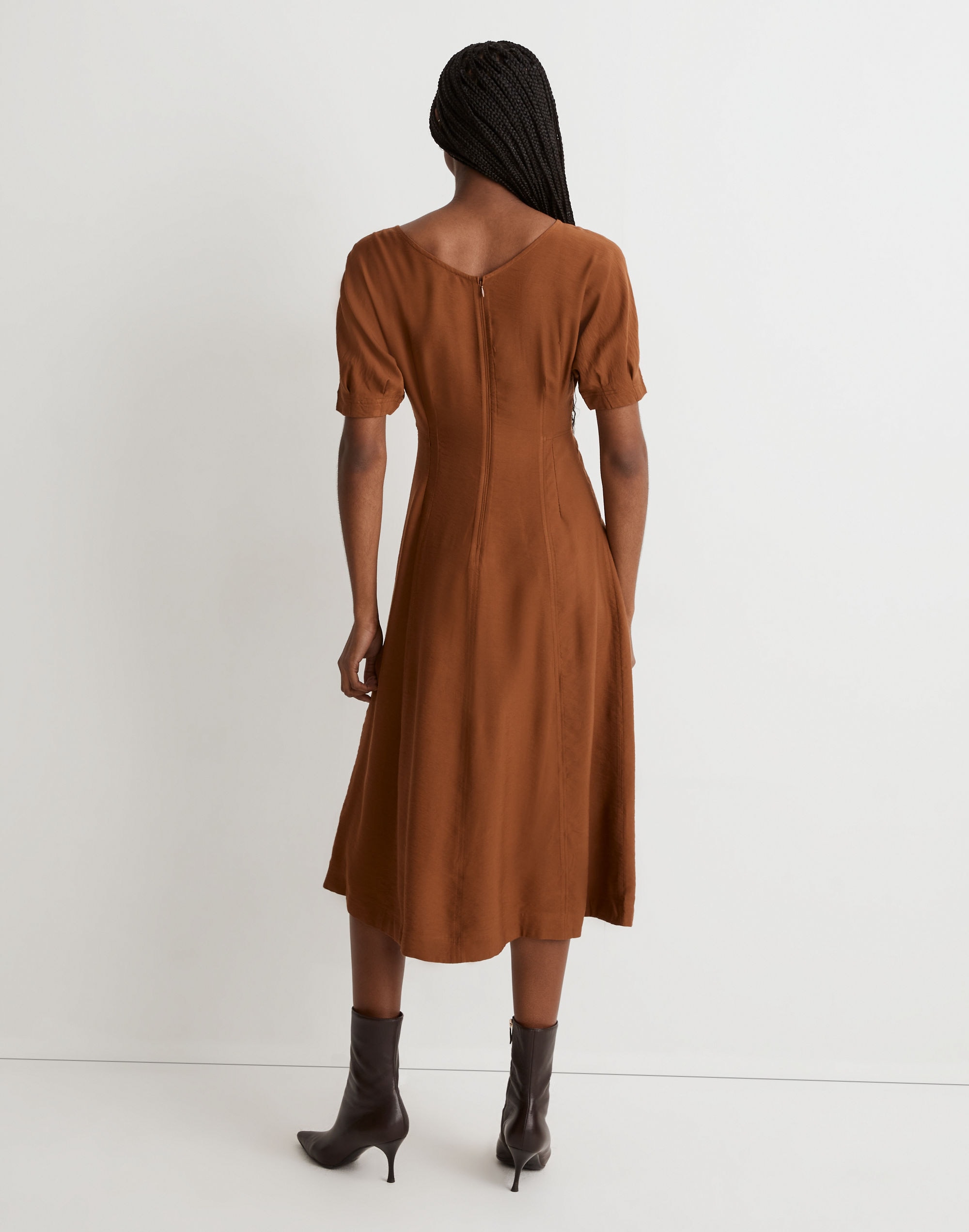 Wide V-Neck Seamed Midi Dress